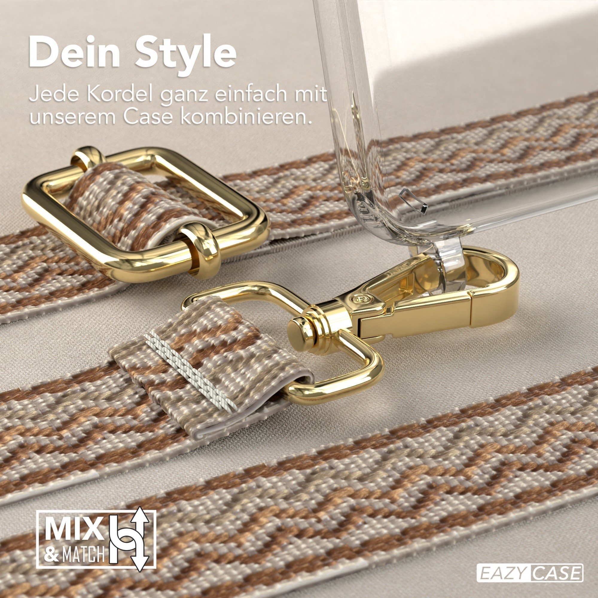 Nahaufnahme einer Handyhülle mit Stoffriemen und goldfarbener Hardware. Text: Dein Style.