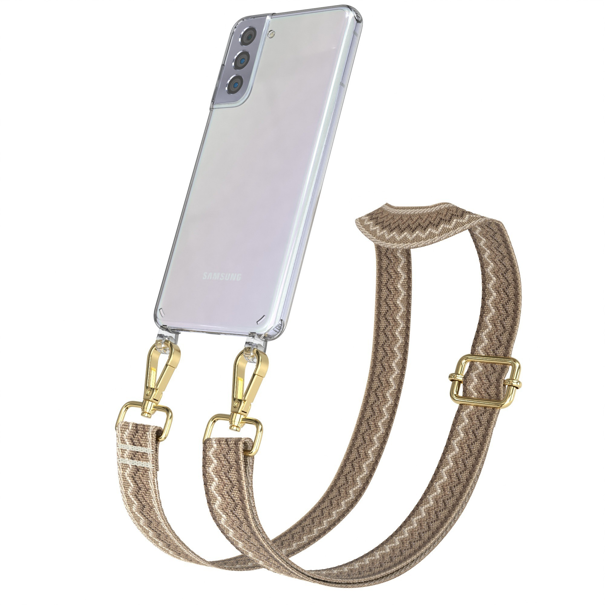 Samsung Telefon in klarer Hülle mit braun-beigem Riemen. Goldene Metallverschlüsse.