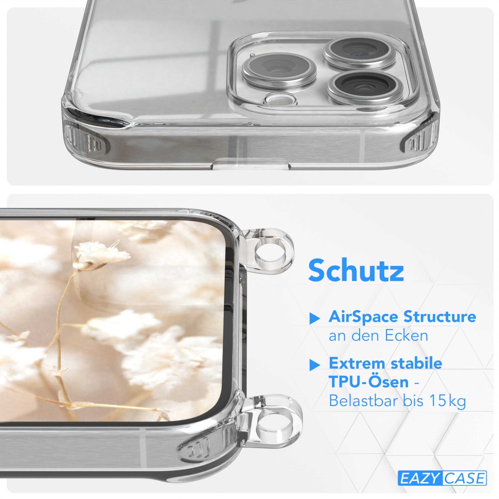 Transparente Handyhülle. Draufsicht und Seitenansicht. Text: Schutz, AirSpace Structure, Extrem stabile TPU-Ösen.