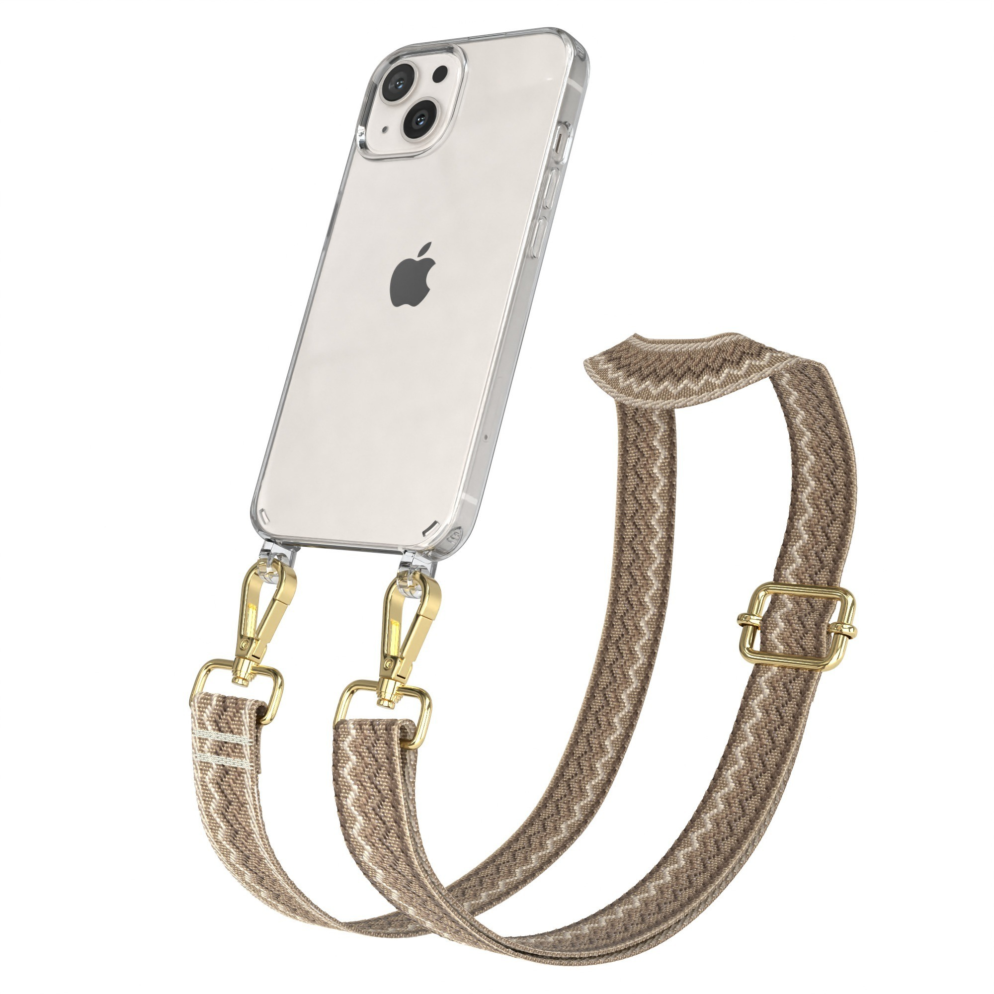 Klare Handyhülle mit Musterriemen. Der Riemen hat ein Zickzackmuster in Braun und Beige. Der Riemen ist verstellbar.