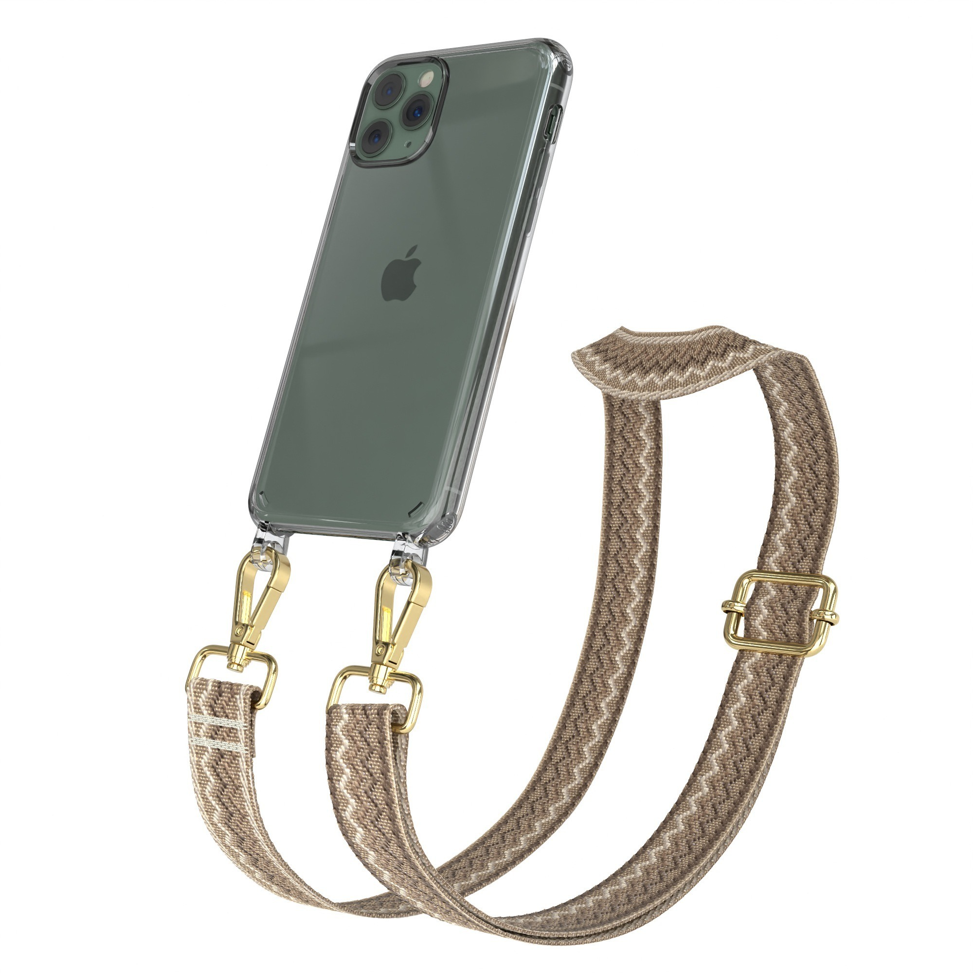 Transparente Handyhülle mit gemustertem Riemen. Goldene Verschlüsse verbinden Riemen mit Telefon.
