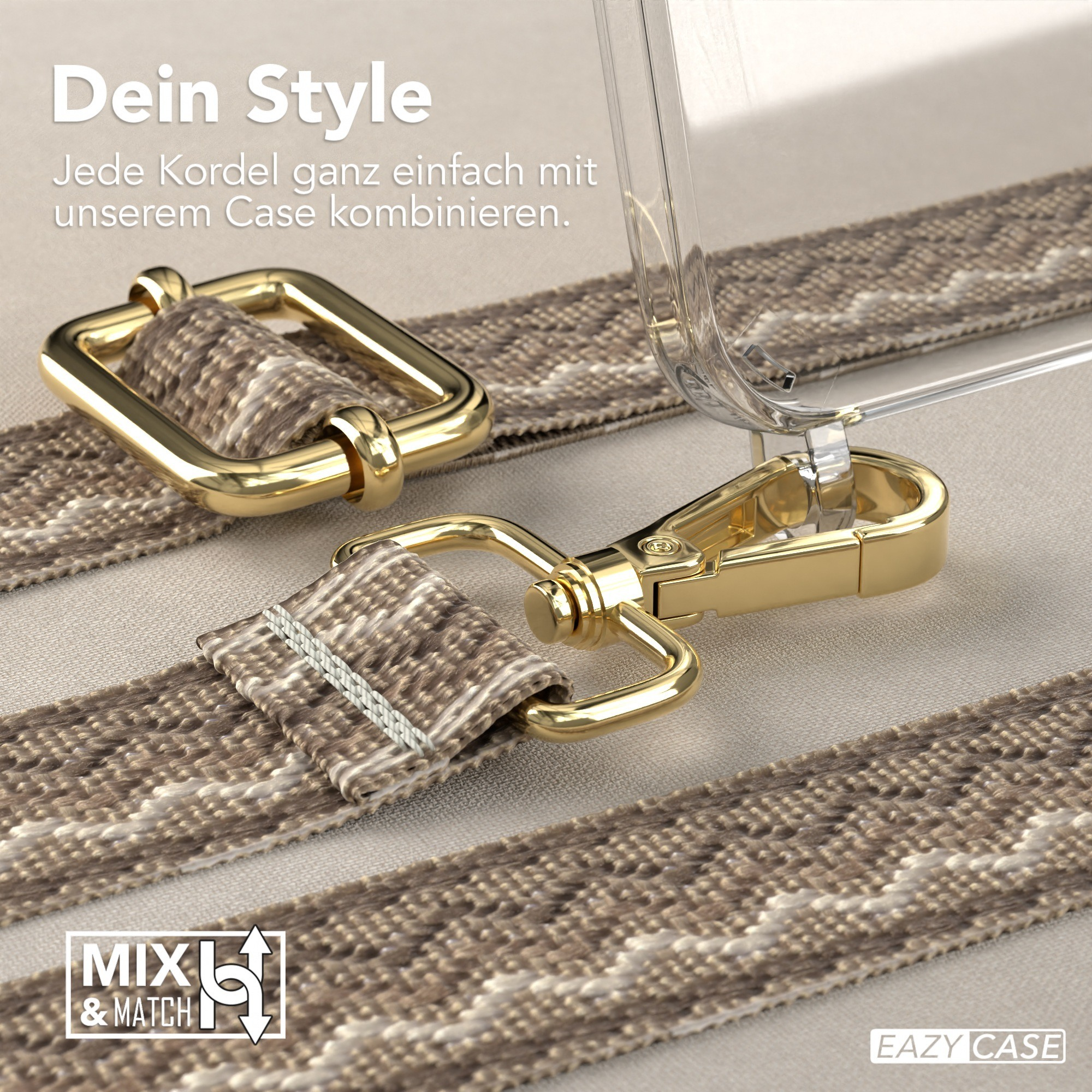 Nahaufnahme von Handy-Zubehör mit goldenen Haken und gemusterten Riemen.