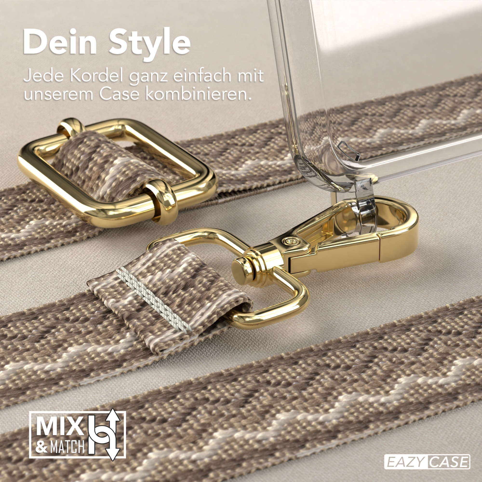 Nahaufnahme einer Handyhülle mit goldenem Verschluss und gemustertem Riemen vor neutralem Hintergrund.