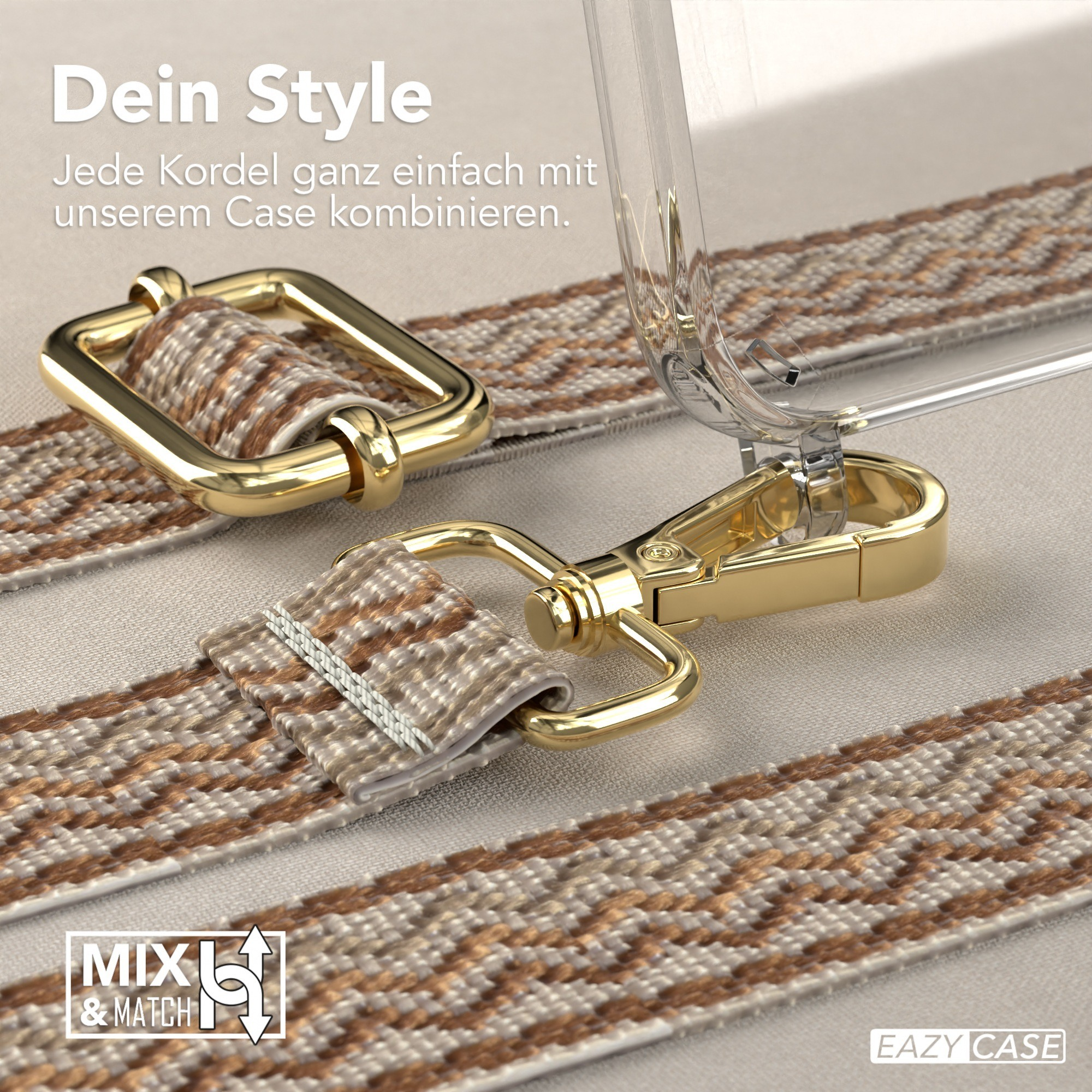 Ein goldener Riemenclip und ein brauner, gemusterter Riemen liegen auf einer beigen Oberfläche.