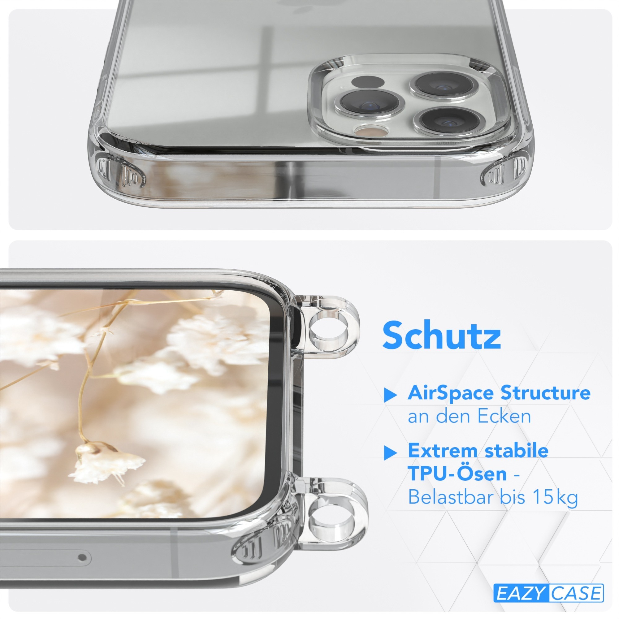 Transparente Handyhülle. Detailansichten zeigen Schutzfunktionen und Design auf weißem Hintergrund.