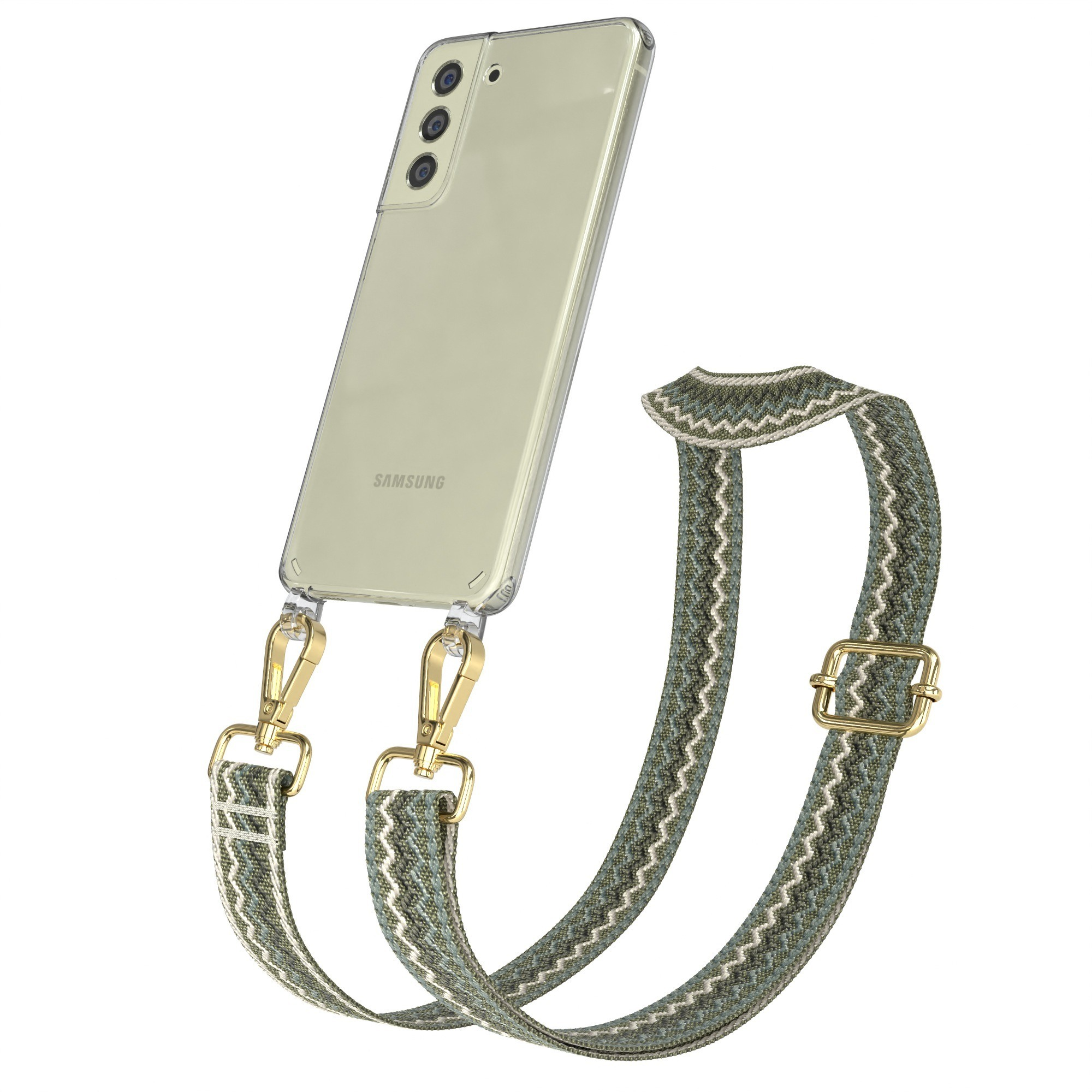 Samsung-Telefon in klarer Hülle mit grünem und weißem Musterband.