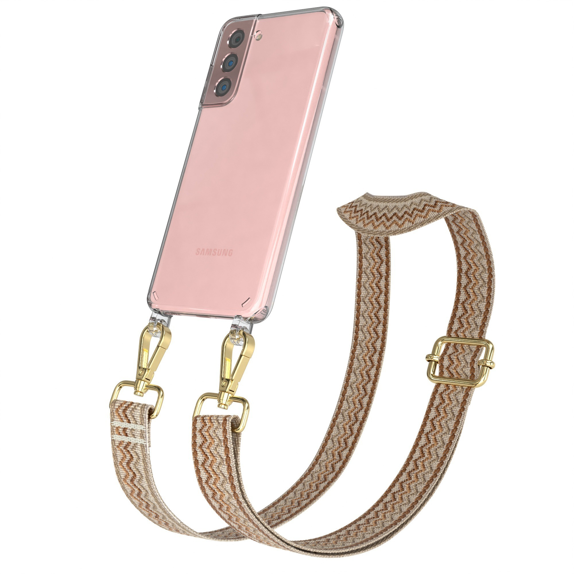 Samsung-Telefon in klarer Hülle mit gemustertem Riemen. Goldene Clips, beige/brauner Riemen mit Metallschnalle.