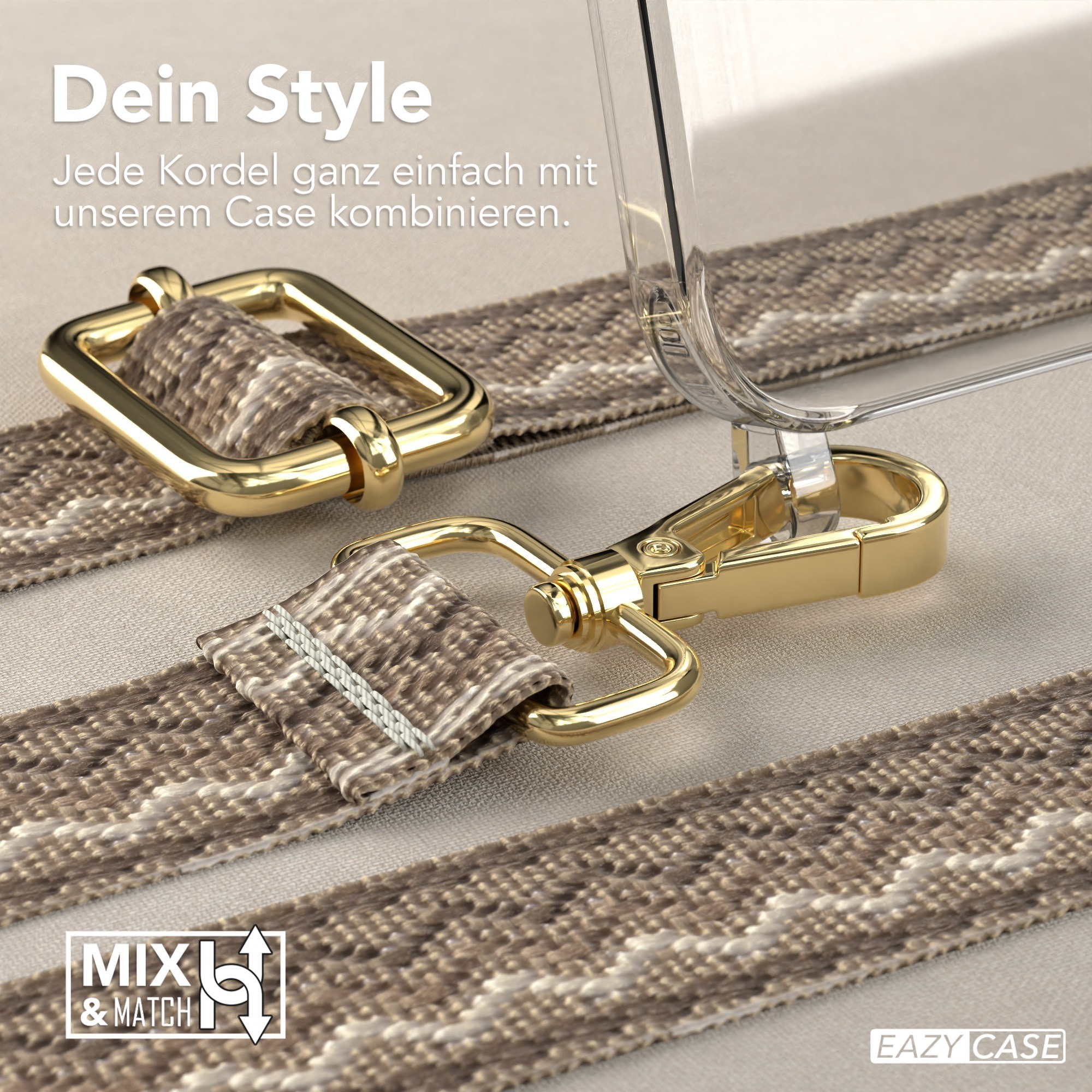 Handyband mit goldenen Beschlägen. Der Riemen ist beige mit einem gemusterten Design.