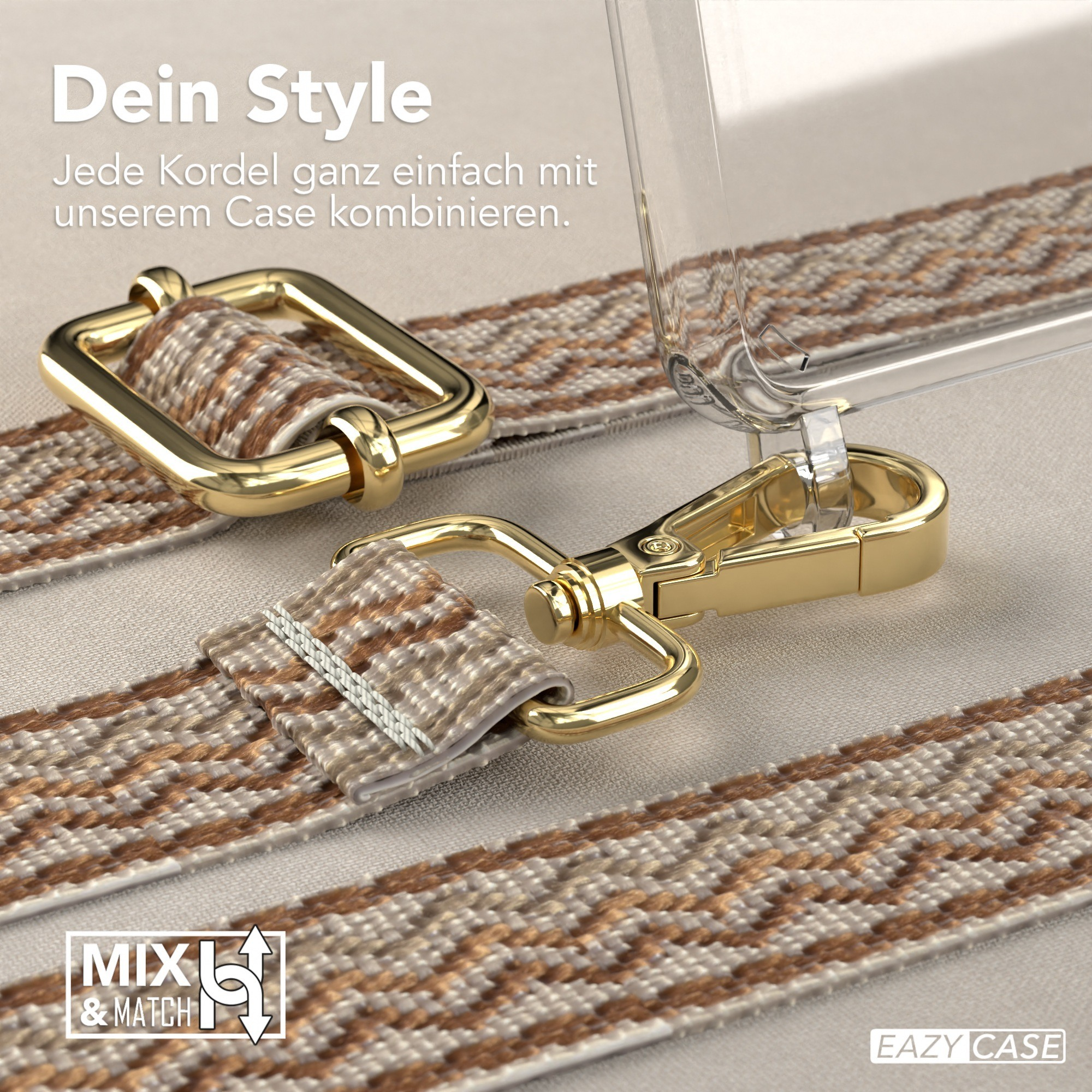Nahaufnahme eines Handyhüllenriemens mit Goldverschluss und braunem Muster.