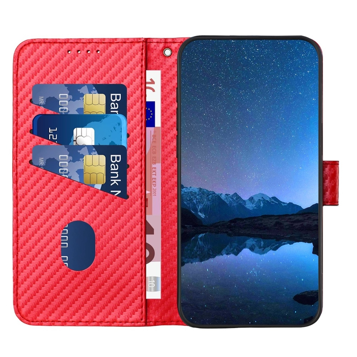 Funda de teléfono roja abierta con tarjetas y dinero dentro. Se ve un teléfono con fondo estrellado.