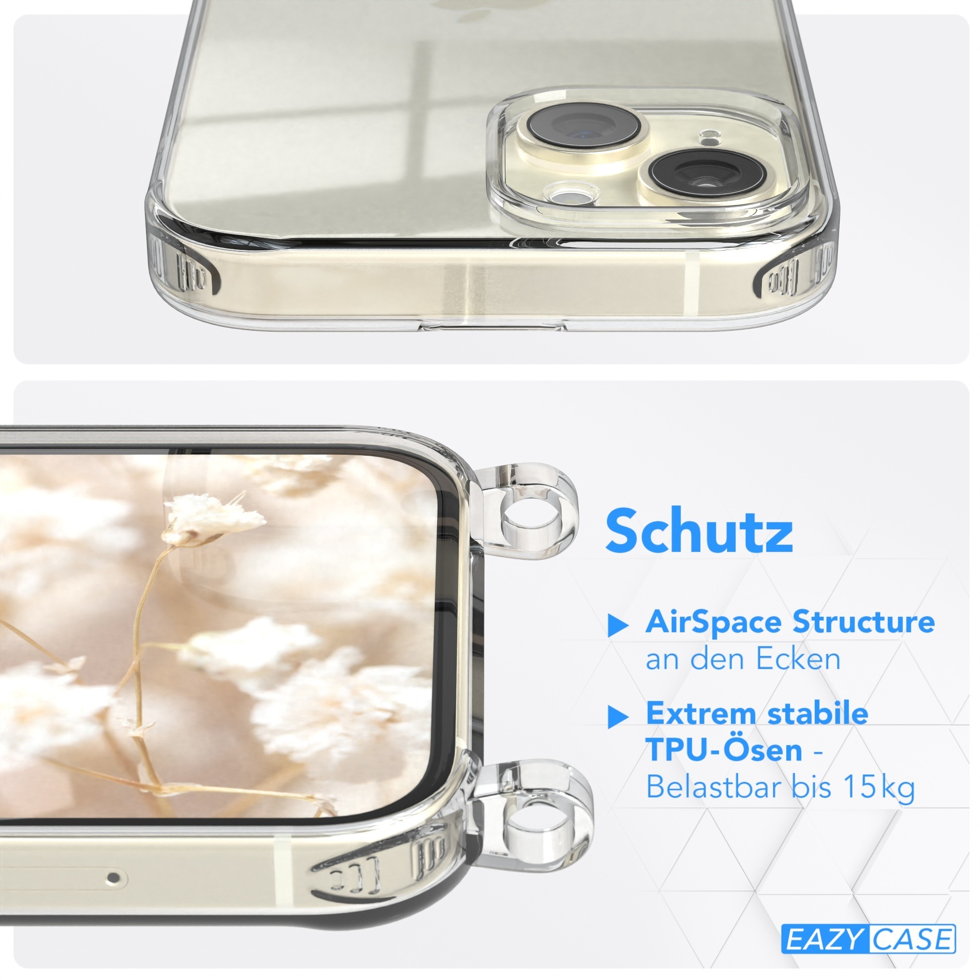 Eine transparente Handyhülle mit einem Telefon darin. Es hat klare Kanten und einen floralen Hintergrund.