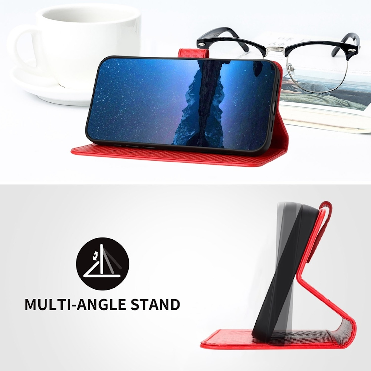 Teléfono en una funda roja. La funda se muestra en un soporte. Texto: MULTI-ANGLE STAND.