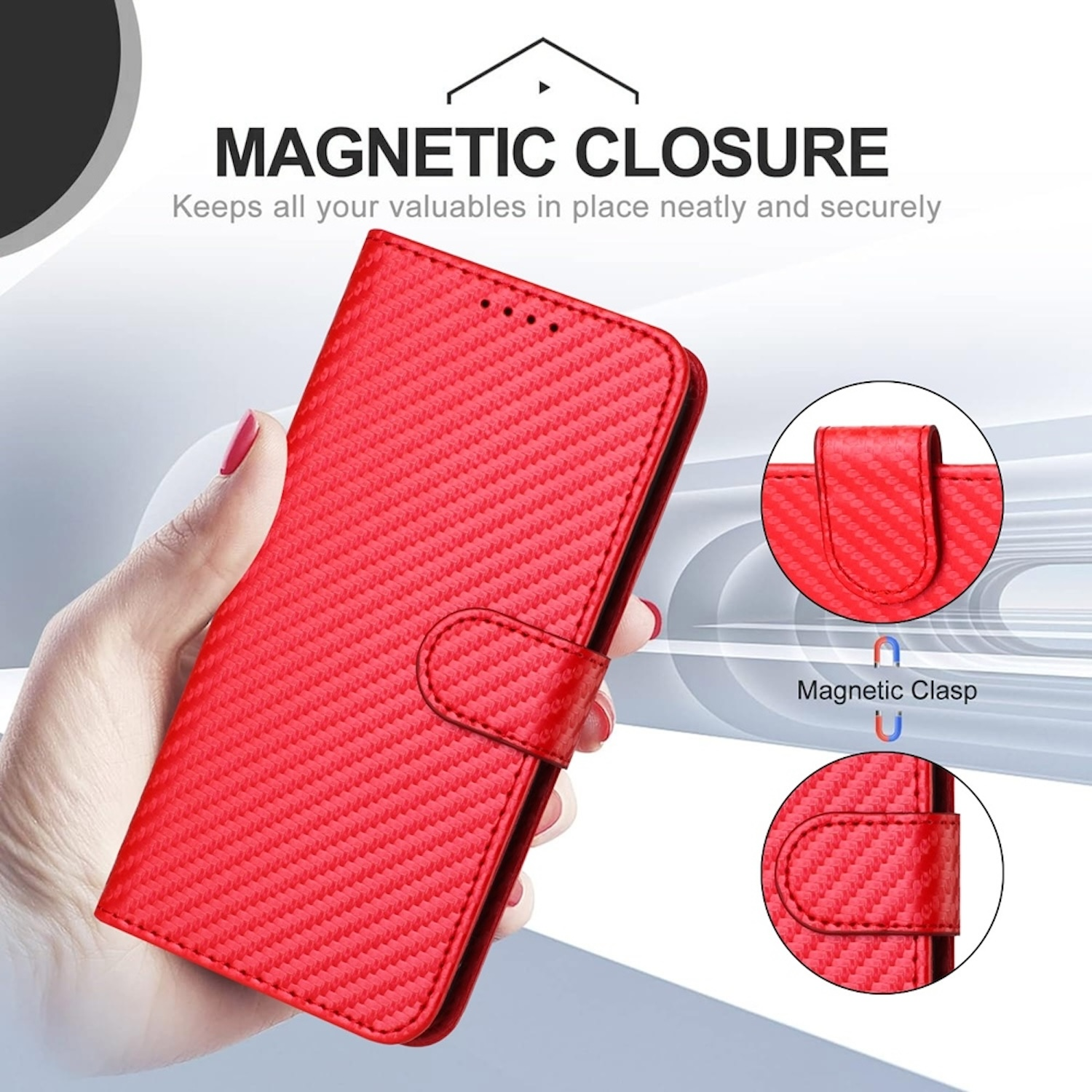 Funda roja para teléfono con cierre magnético. Texto: Cierre magnético, Cierre magnético.