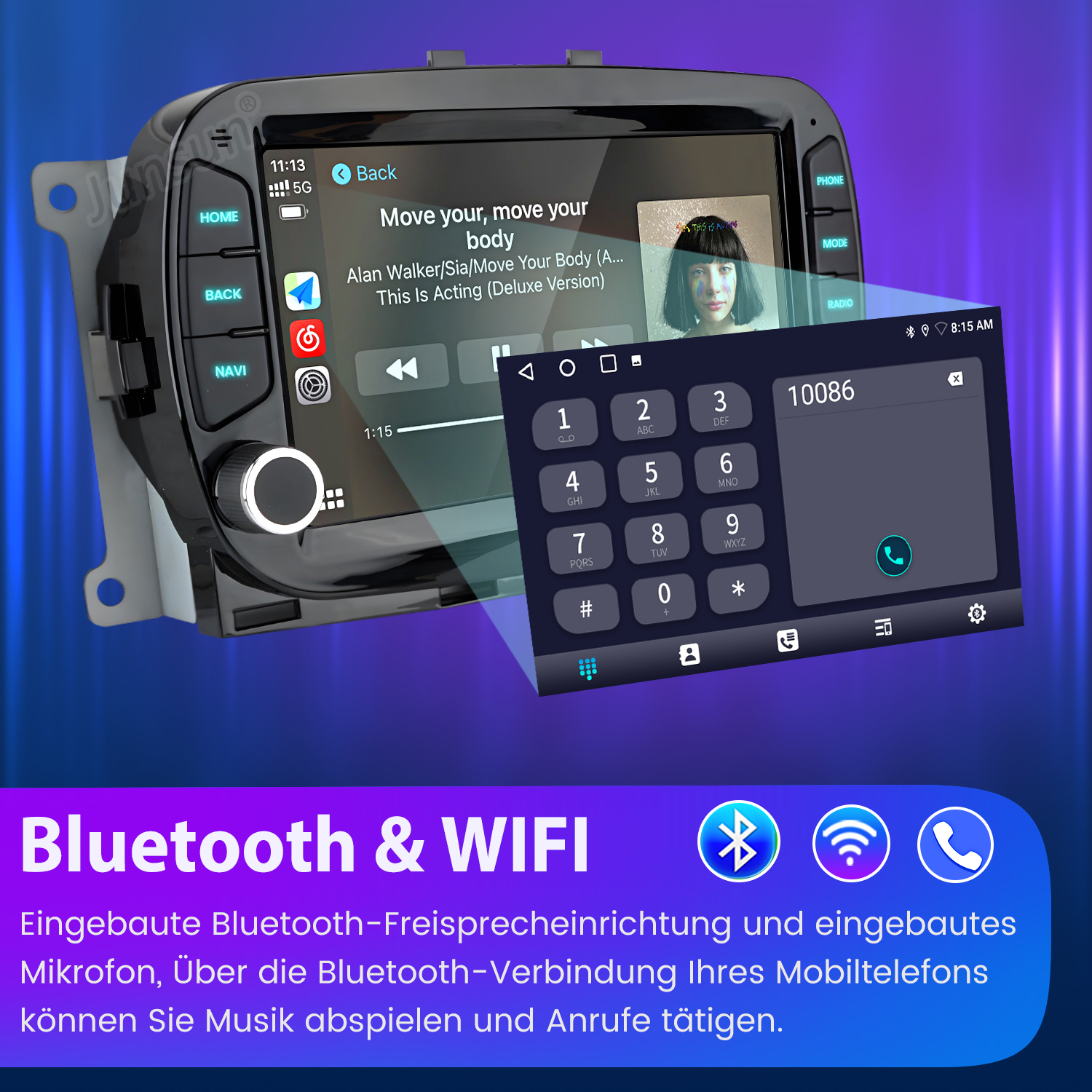 Autoradio mit Bildschirm, zeigt einen Musik-Player und ein Wählgerät. Text sagt Bluetooth & WIFI.