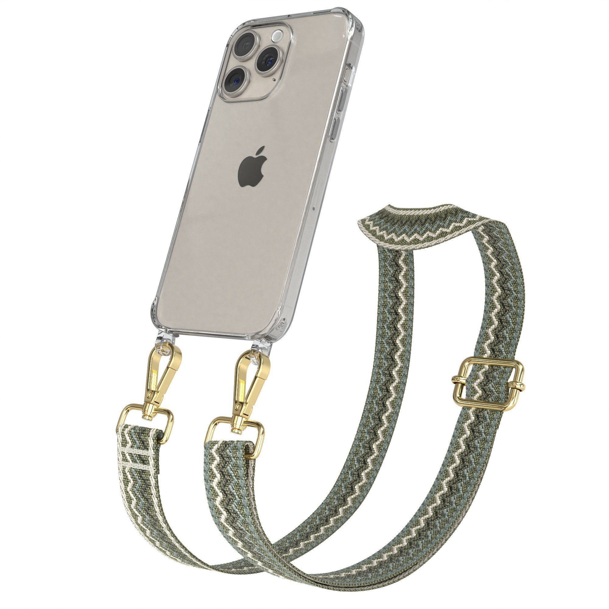 Transparente Handyhülle mit gewebtem Riemen, goldenen Verschlüssen und einer goldenen Schnalle.