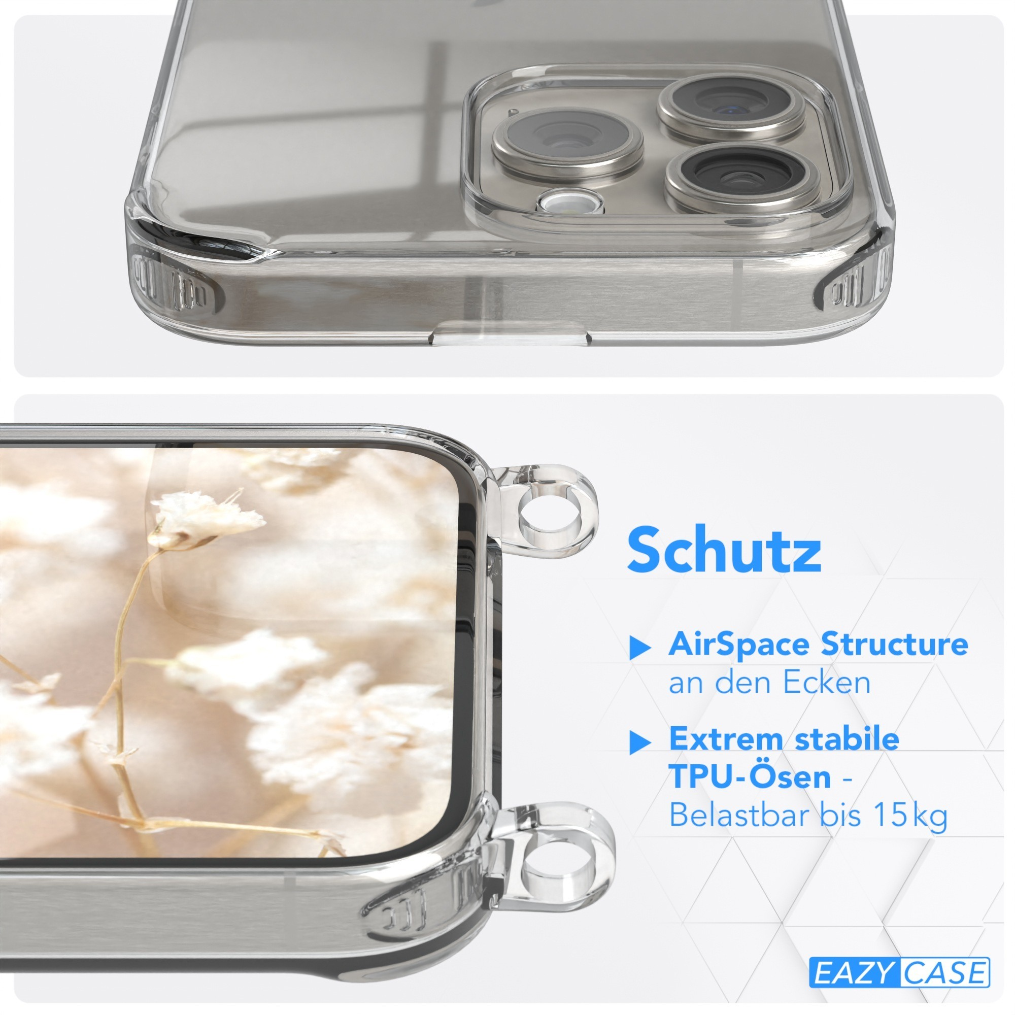 Nahaufnahme einer transparenten Handyhülle mit Blumendesign. Text: Schutz, AirSpace Structure, TPU-Ösen.