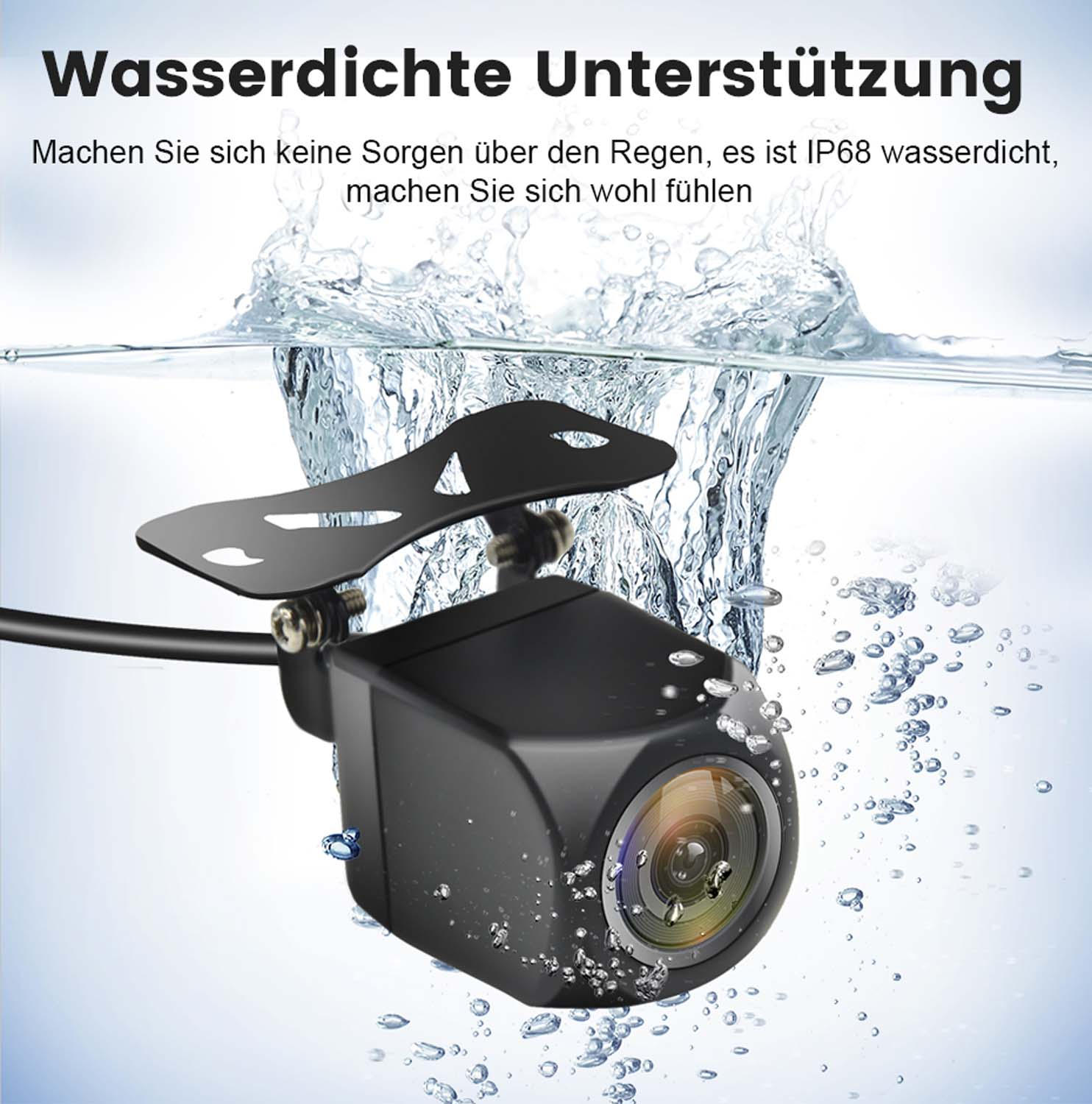 Czarna kamera cofania w wodzie. Tekst: Wasserdichte Unterstützung, IP68 wasserdicht.