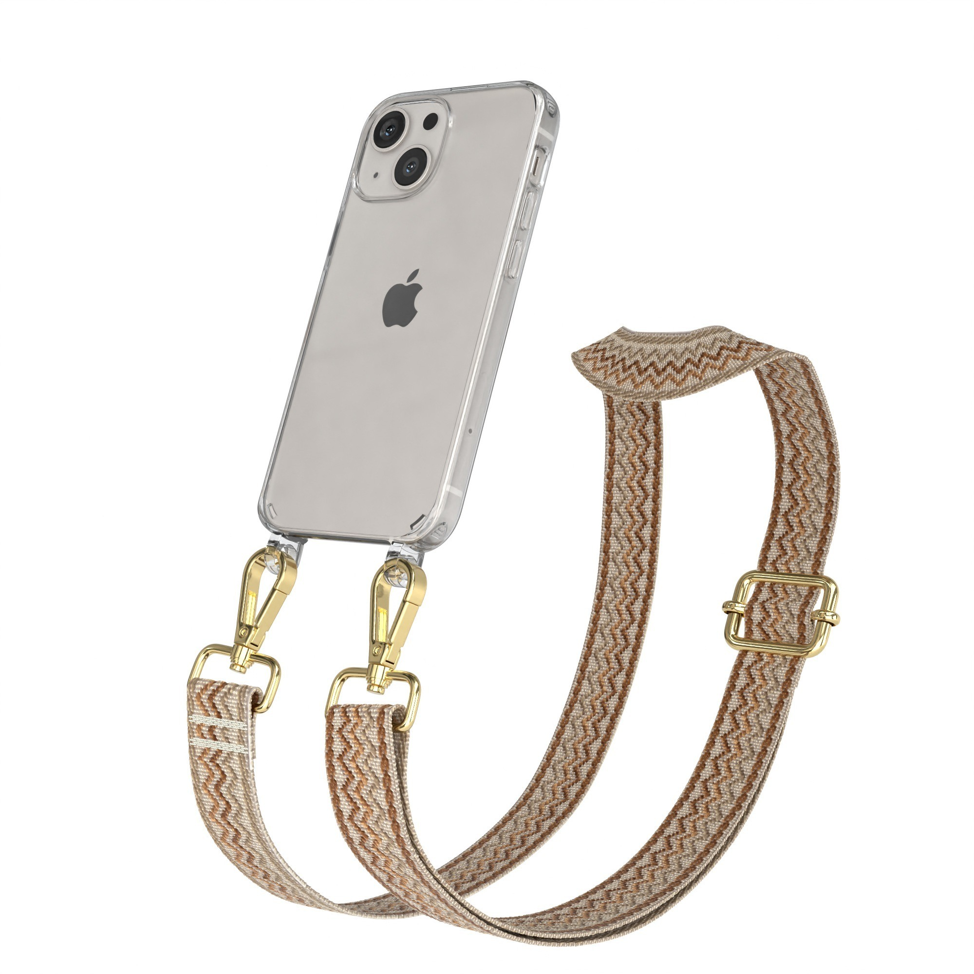 Telefon mit durchsichtiger Hülle, goldenen Aufsätzen und braunem Musterband.