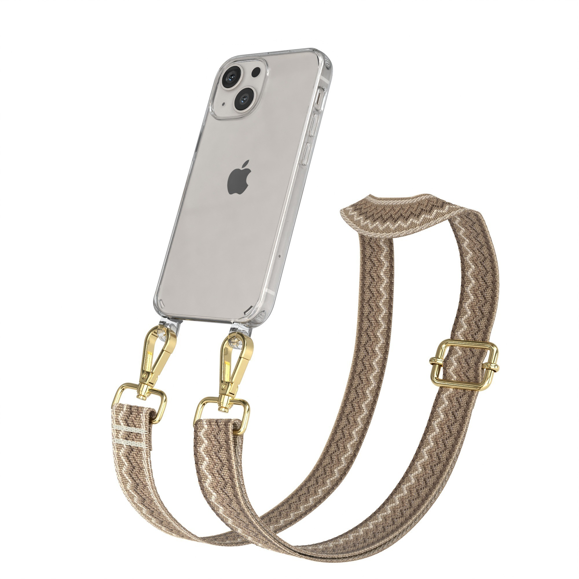 Eine Handyhülle mit einem Riemen. Der Riemen ist braun und beige mit silberner Hardware. Das Telefon ist klar.