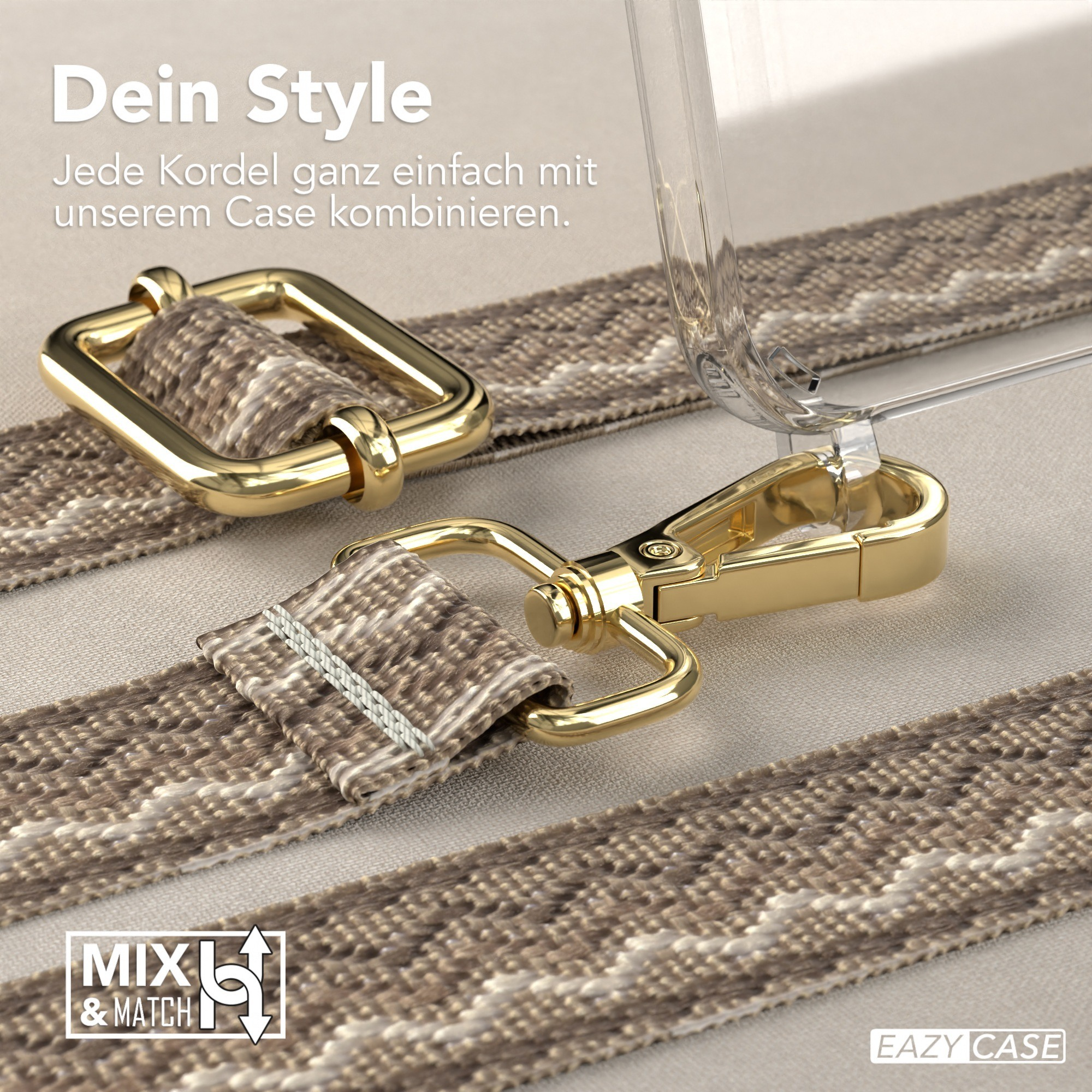Nahaufnahme von Telefonzubehör, einschließlich Trägern und einem goldenen Verschluss. Text: 'Dein Style' und 'MIX & MATCH'.