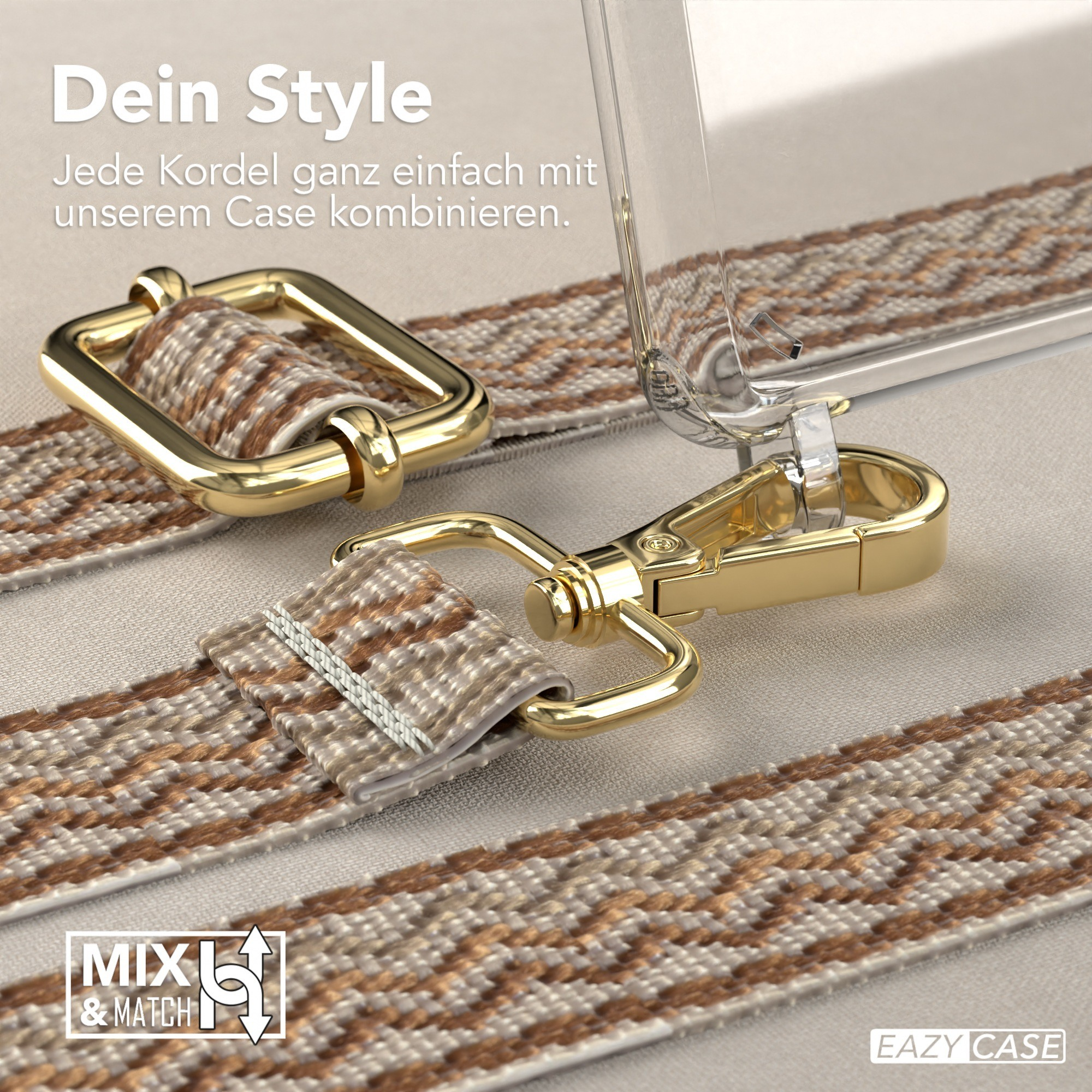 Nahaufnahme der Handyhülle: Band, goldener Verschluss und Haken. Gehäuse zeigt Webmuster.