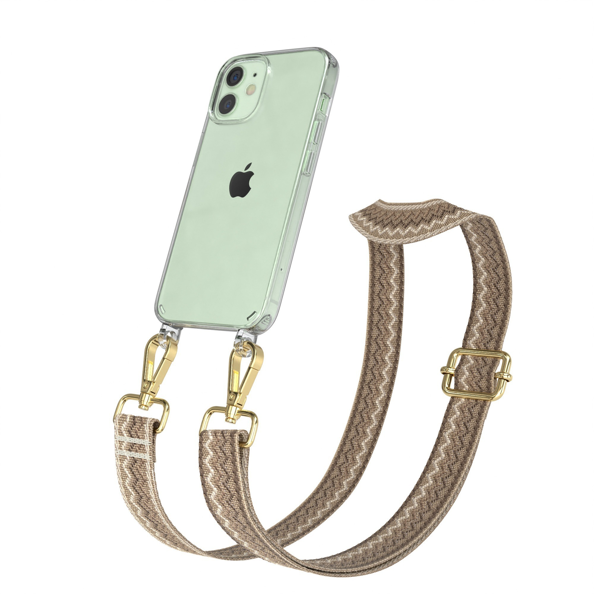 Telefon mit transparenter Hülle und braunem Musterriemen. Goldene Haken und Schnalle.