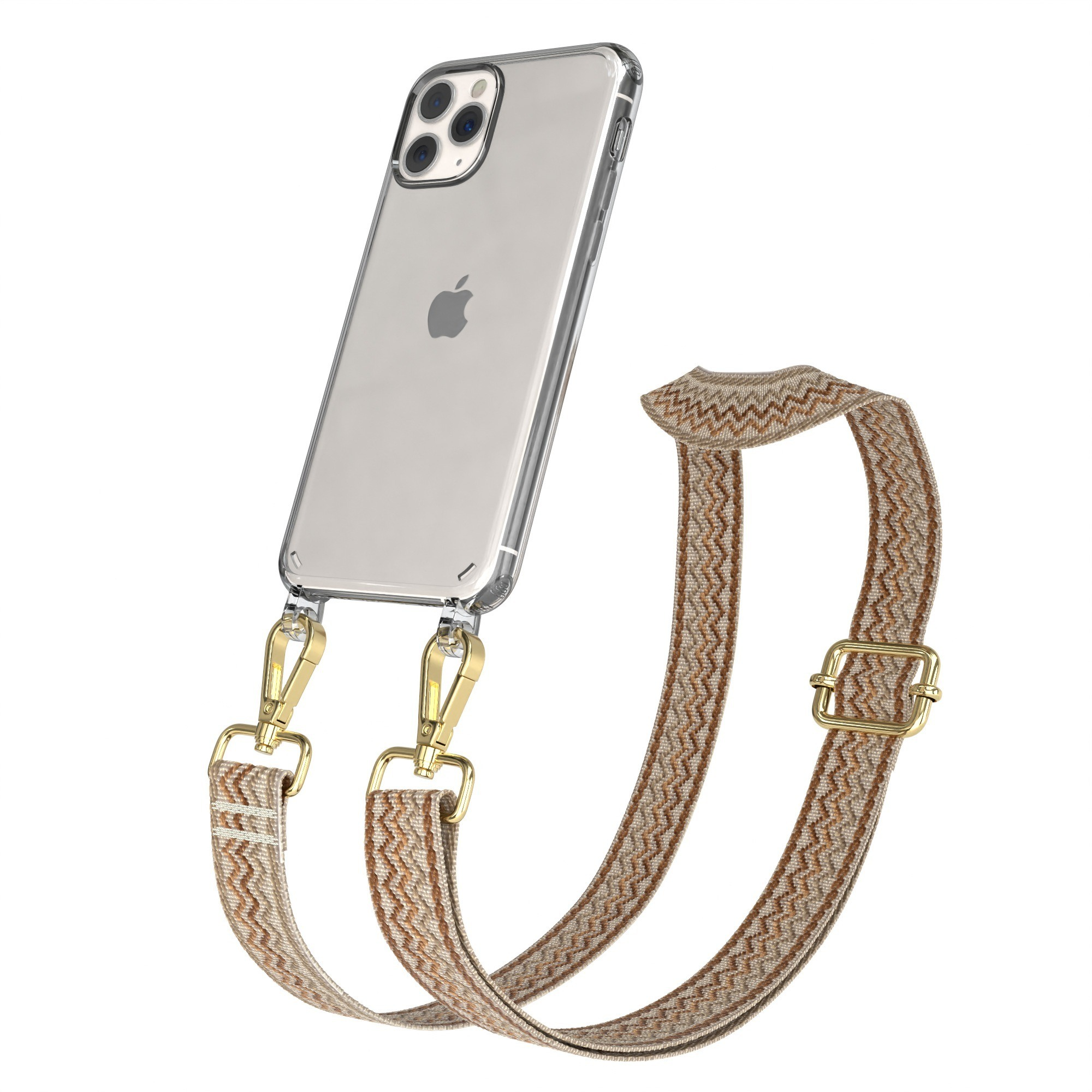 Telefon in klarer Hülle mit gemustertem Riemen. Goldene Clips, beige/brauner Riemen mit Metallschnalle.