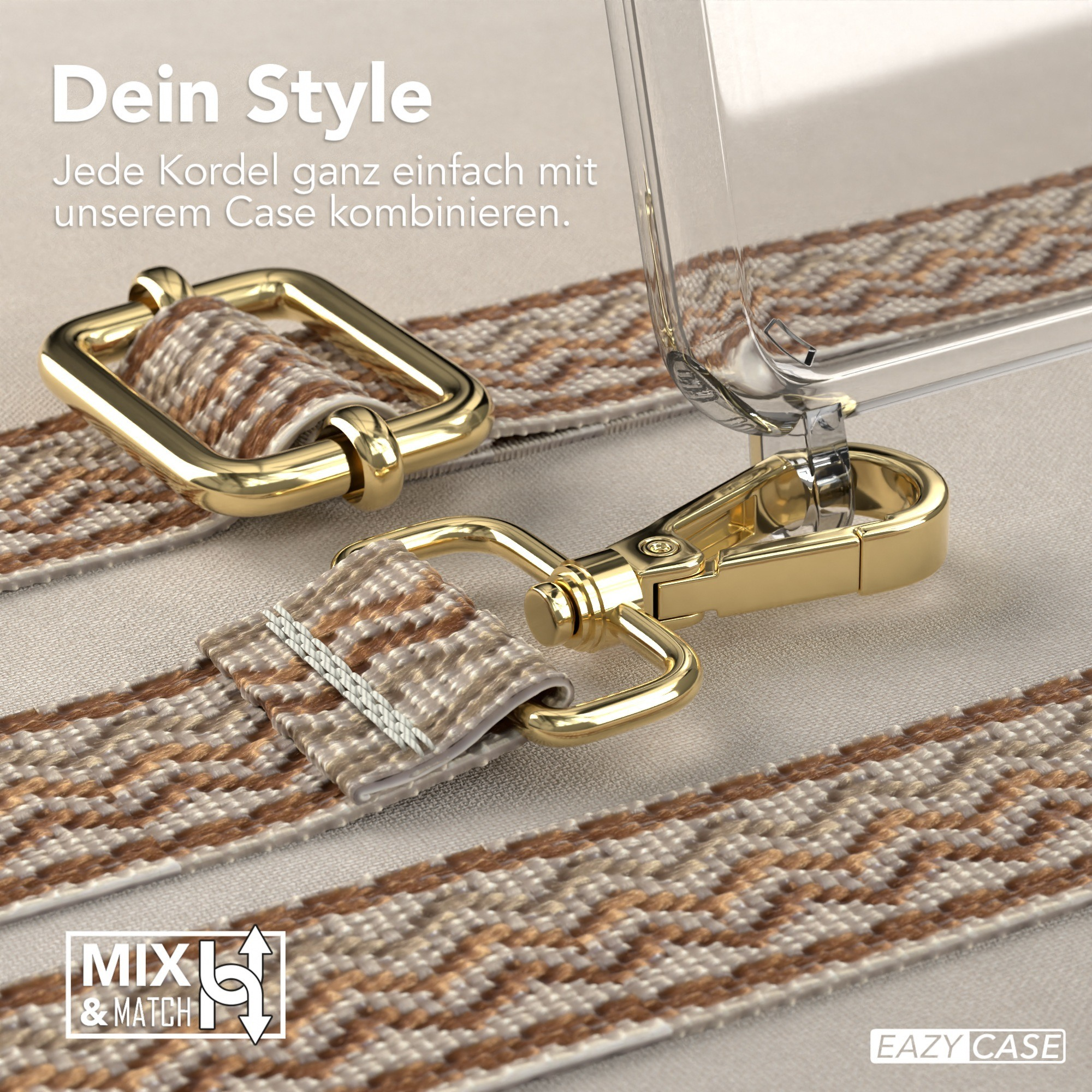 Nahaufnahme eines Taschenriemens mit goldenem Verschluss und gemustertem Riemen. Text: 'Dein Style'.