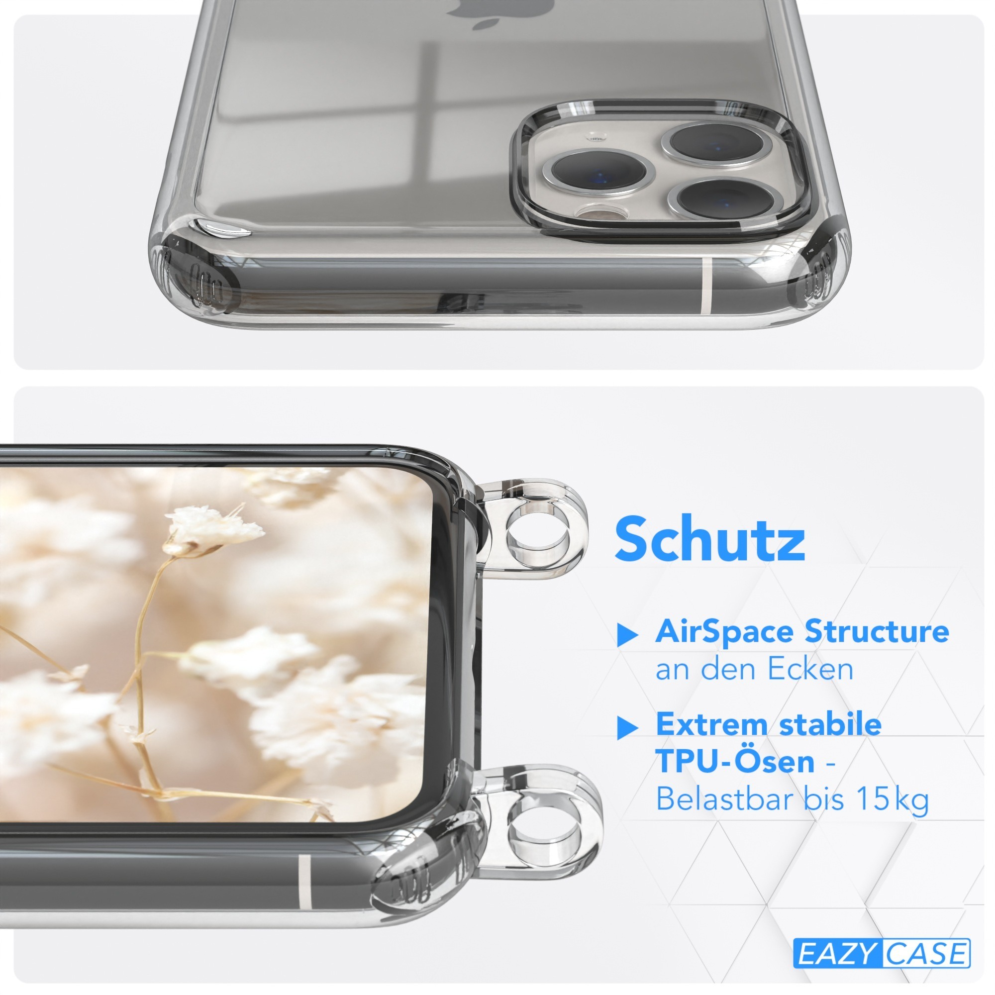 Transparente Handyhülle schützt Telefon. Details zeigen Schutzfunktionen.