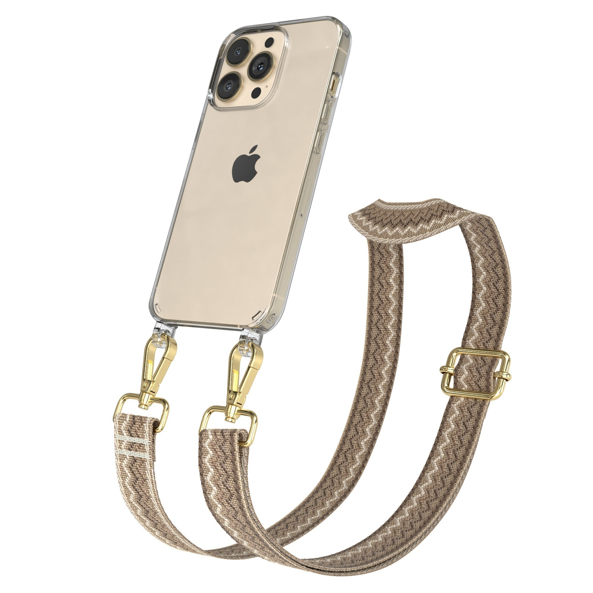 Transparente Handyhülle mit braunem Riemen und goldfarbener Hardware. Telefon sichtbar. Weißer Hintergrund.