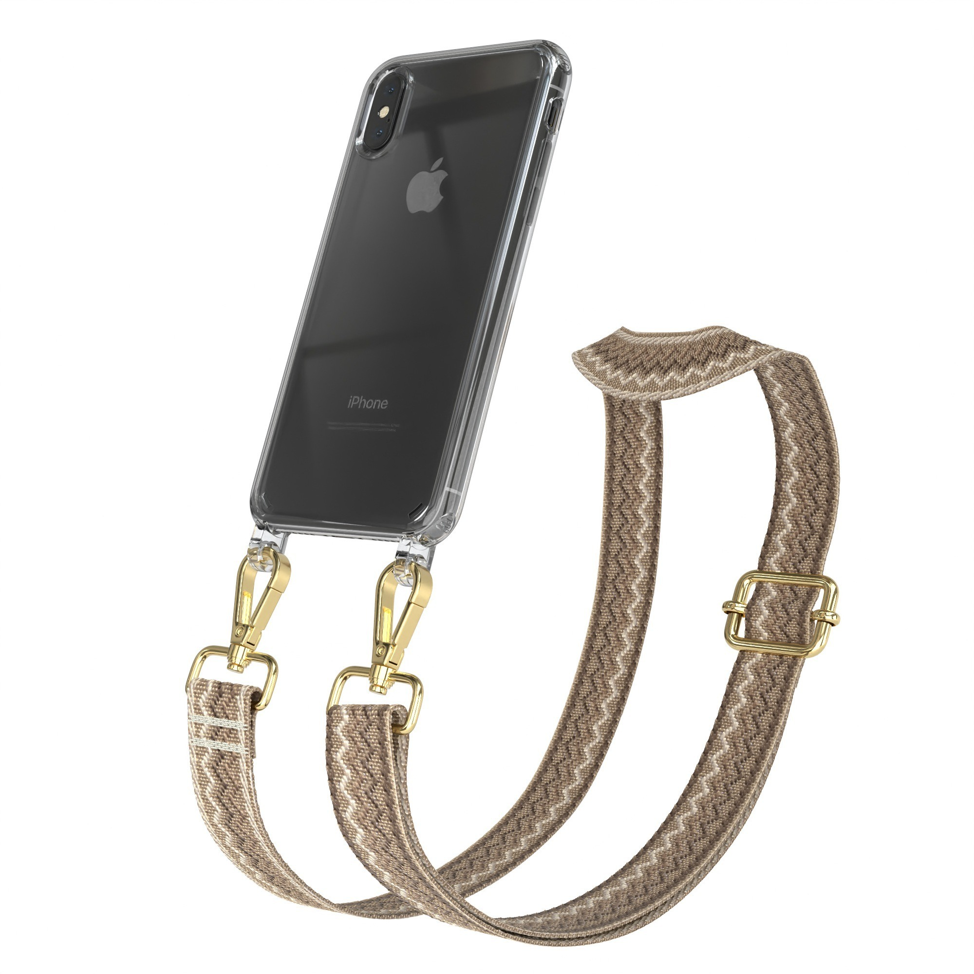 Transparente Handyhülle mit braun gemustertem Gurt, Telefon ist klar. Gurt hat goldene Hardware.