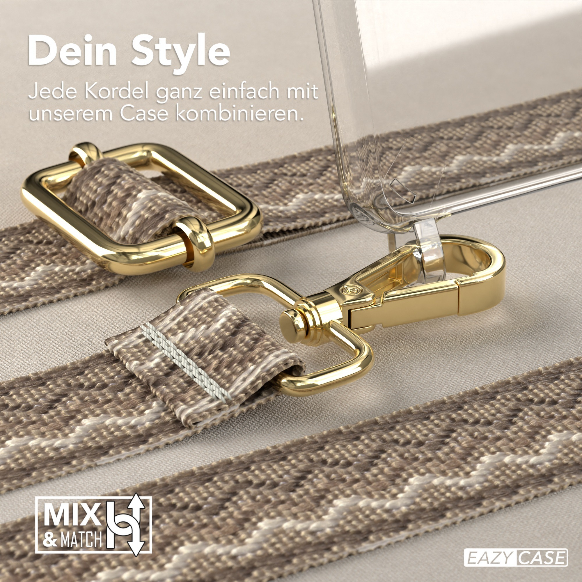 Nahaufnahme einer Handyhülle mit gewebtem Gurt, goldenen Verschlüssen und dem Wort „Mix & Match“.
