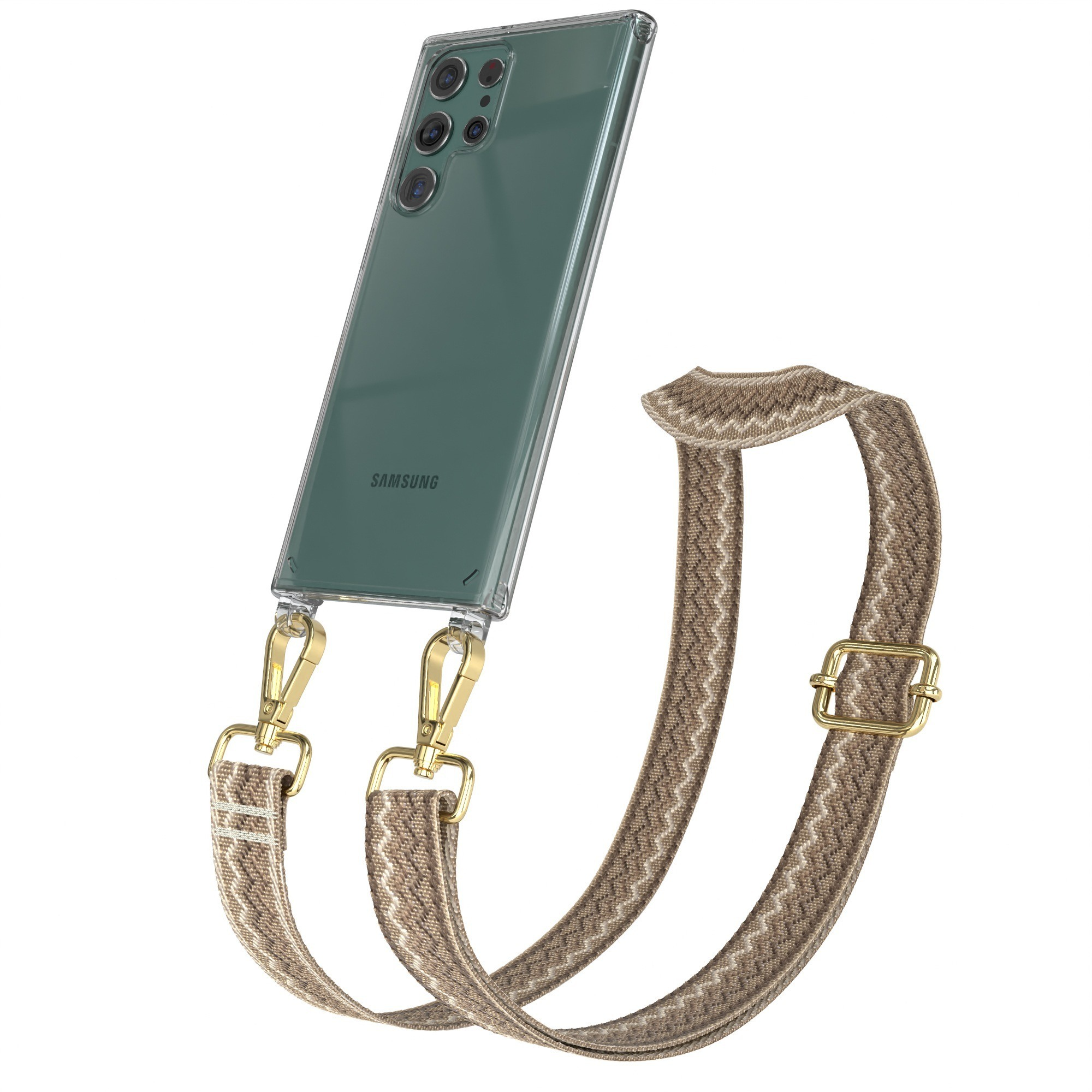 Ein Smartphone mit einem gemusterten Gurt. Der Gurt ist mit goldenen Verschlüssen befestigt.