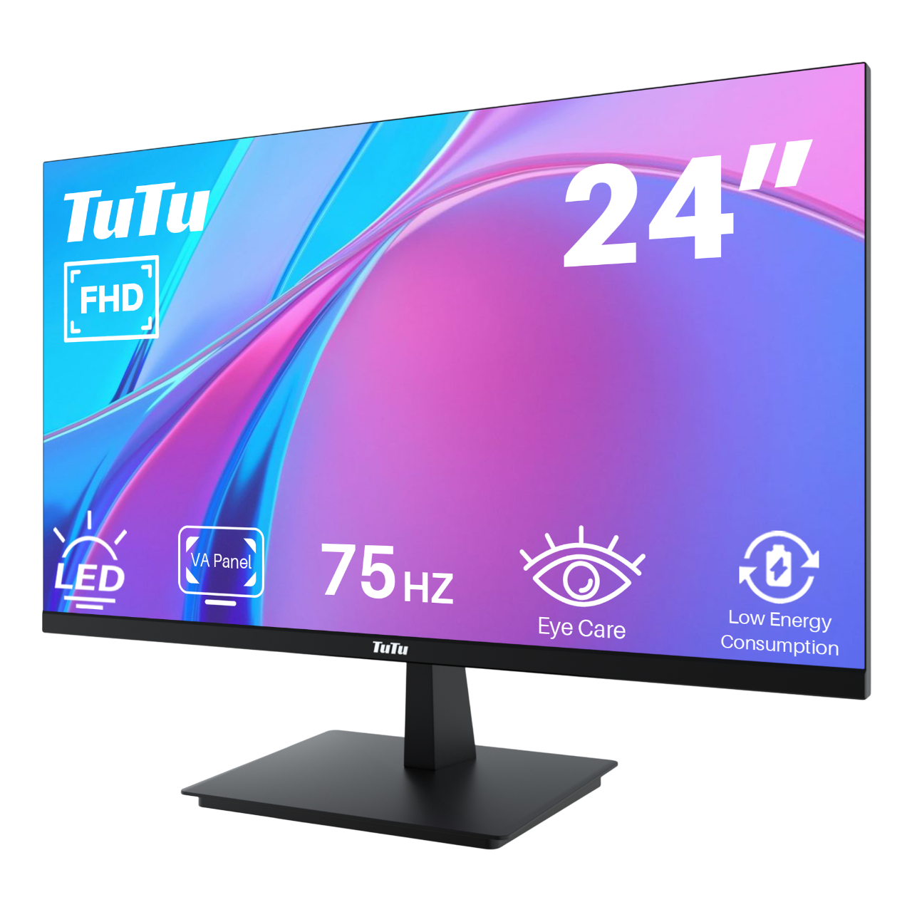 Zwarte 24" TuTu monitor. FHD, 75Hz, Eye Care, pictogrammen voor laag energieverbruik. Zwarte standaard.