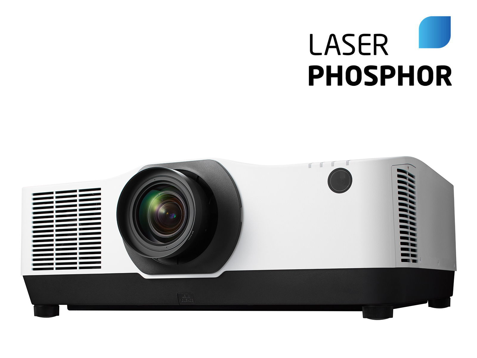 Weißer und schwarzer Laserprojektor mit Objektiv und Text Laser Phosphor.