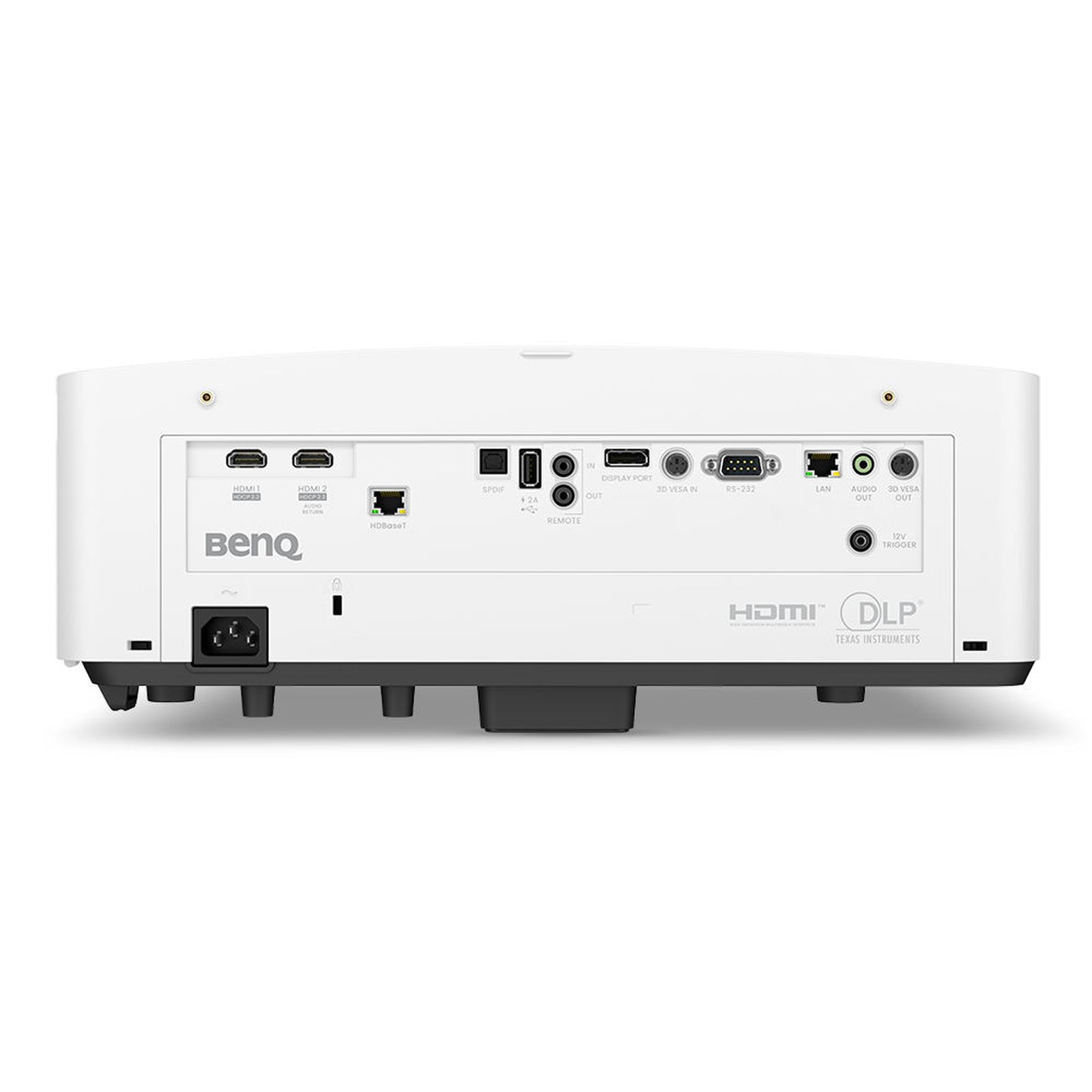 Arrière d'un projecteur blanc avec ports, logos HDMI et Texas Instruments.