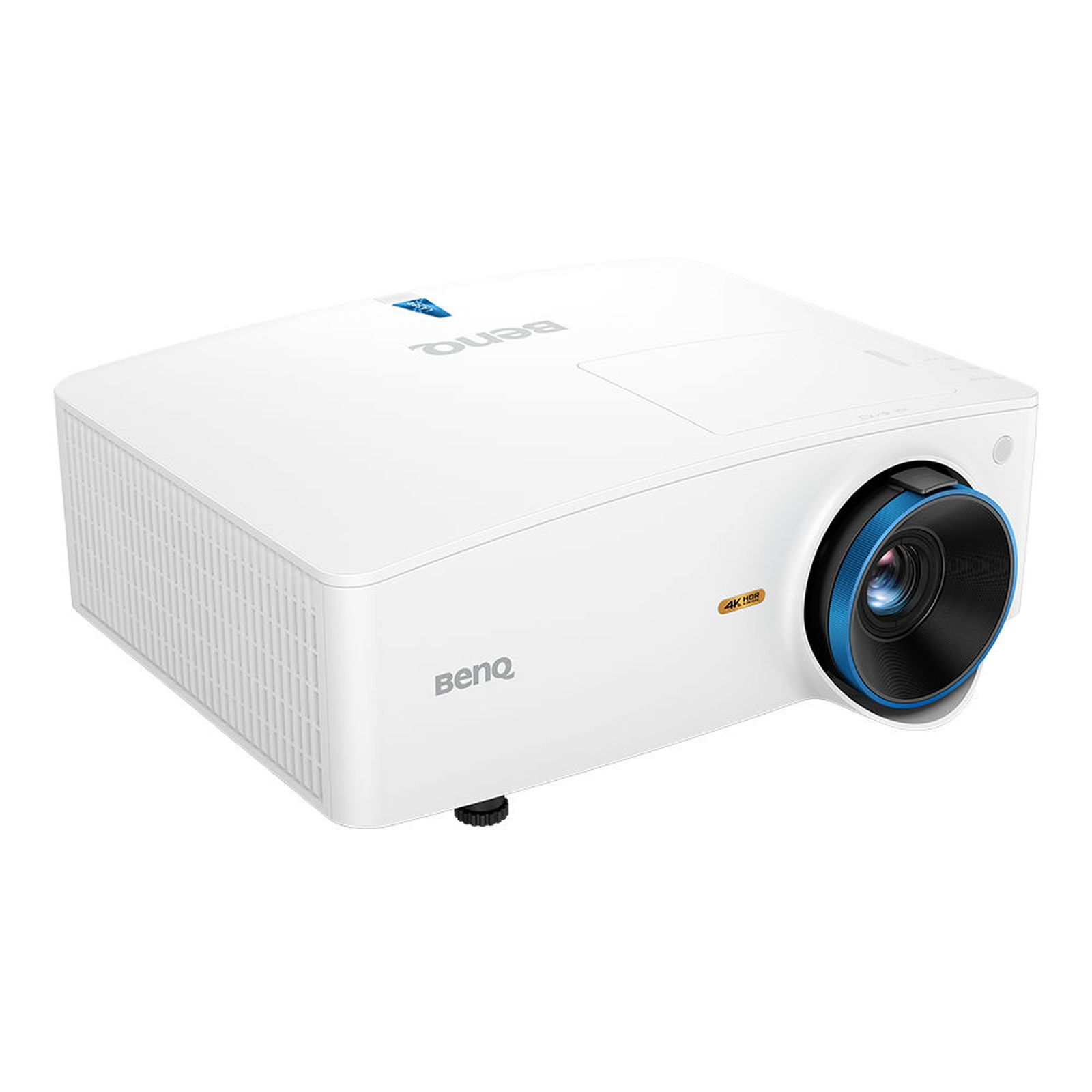 Projecteur BenQ blanc, vue en angle. Accents bleus sur l'objectif. Étiquette 4K HDR visible.