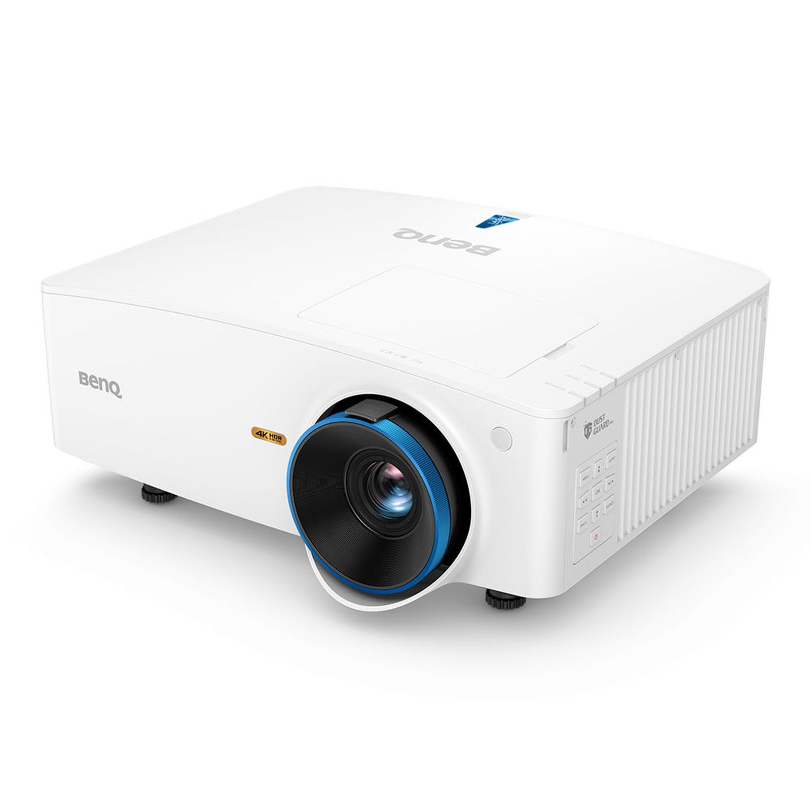 Projecteur BenQ blanc avec accents bleus, vue en angle.