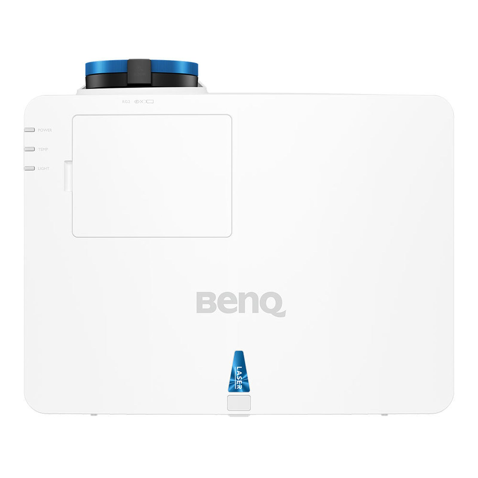Projecteur blanc avec détails bleus. Contient le logo BenQ et un indicateur laser.