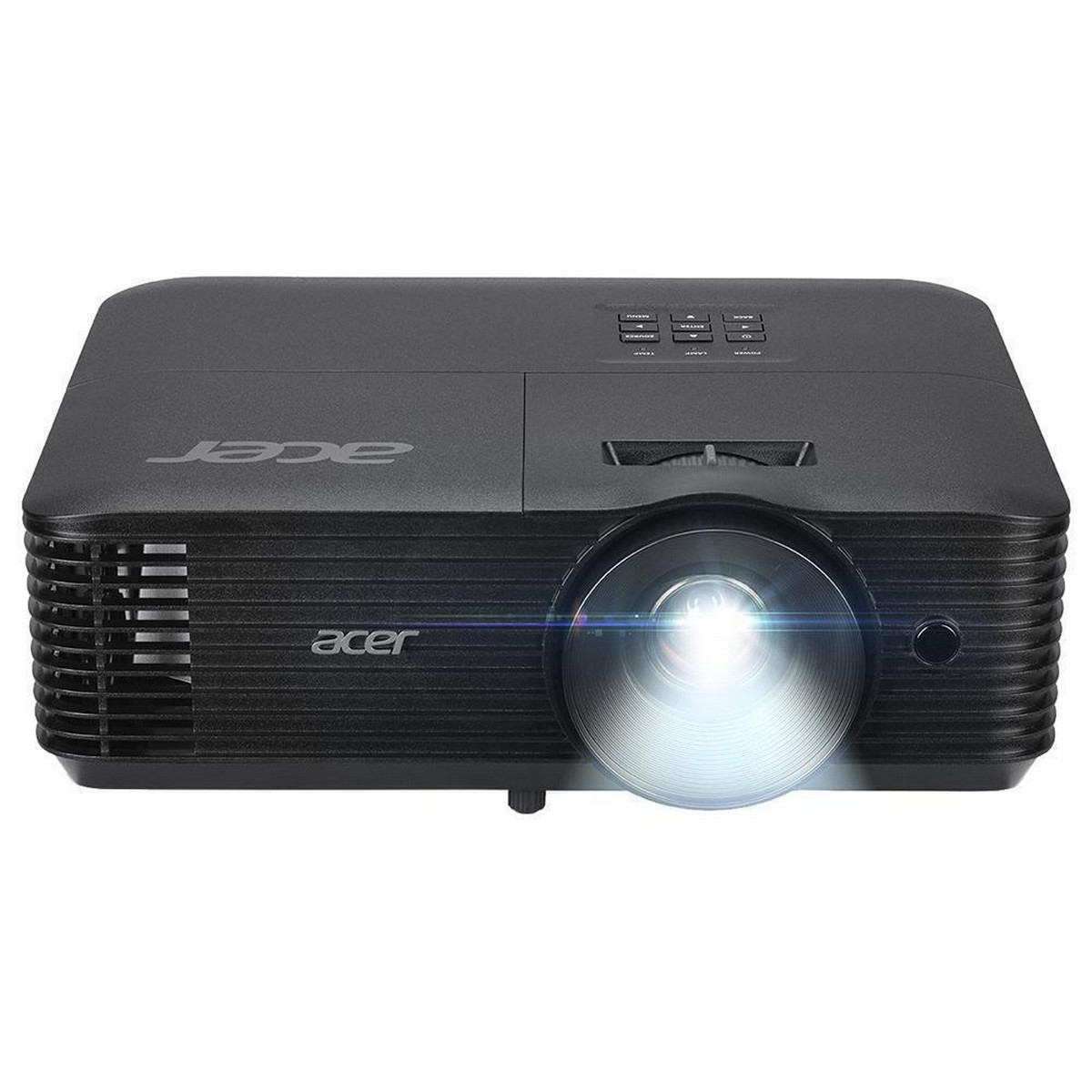 Proiettore nero con logo Acer e luce intensa dall'obiettivo.