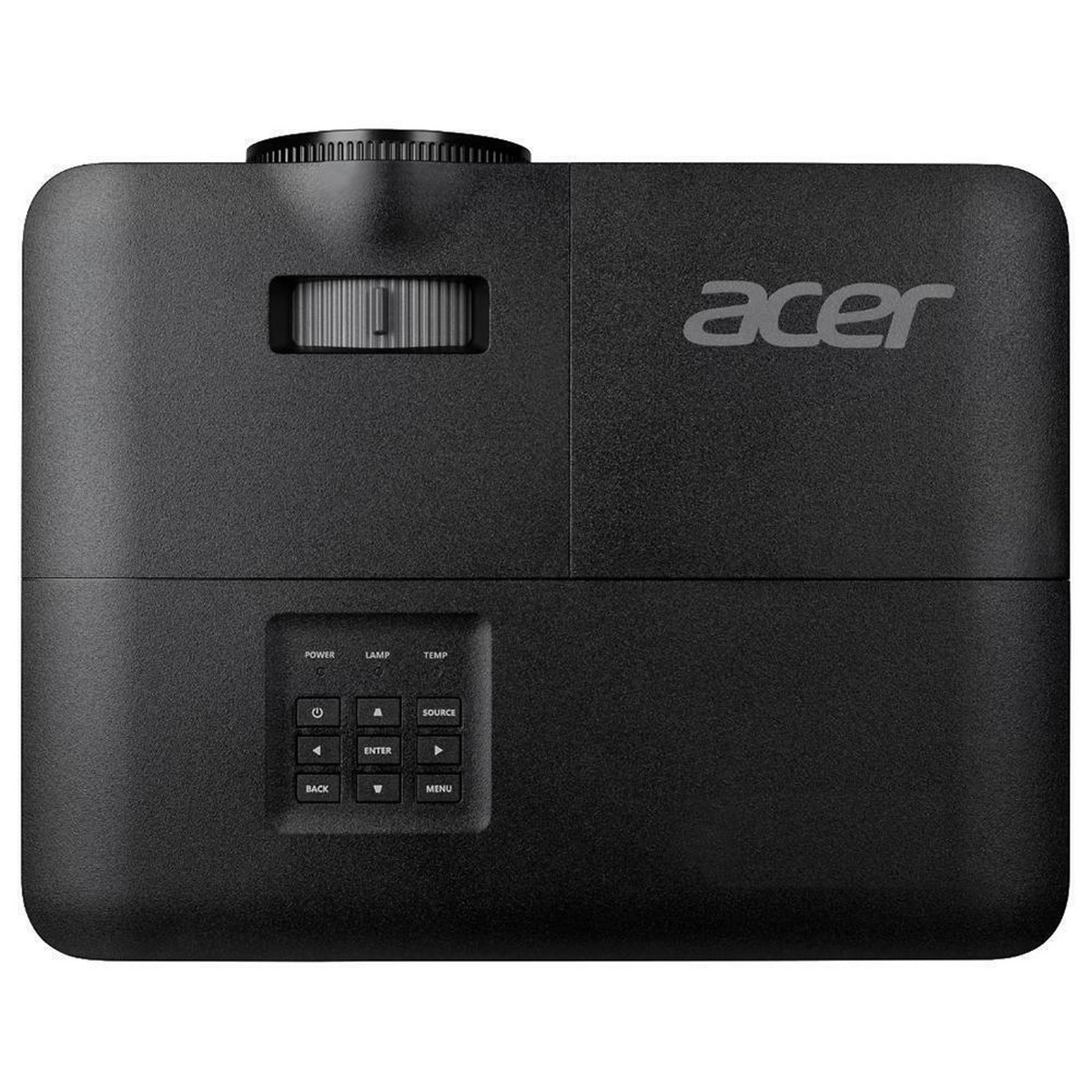 Proiettore Acer nero, vista dall'alto, con controlli e logo Acer, su sfondo bianco.