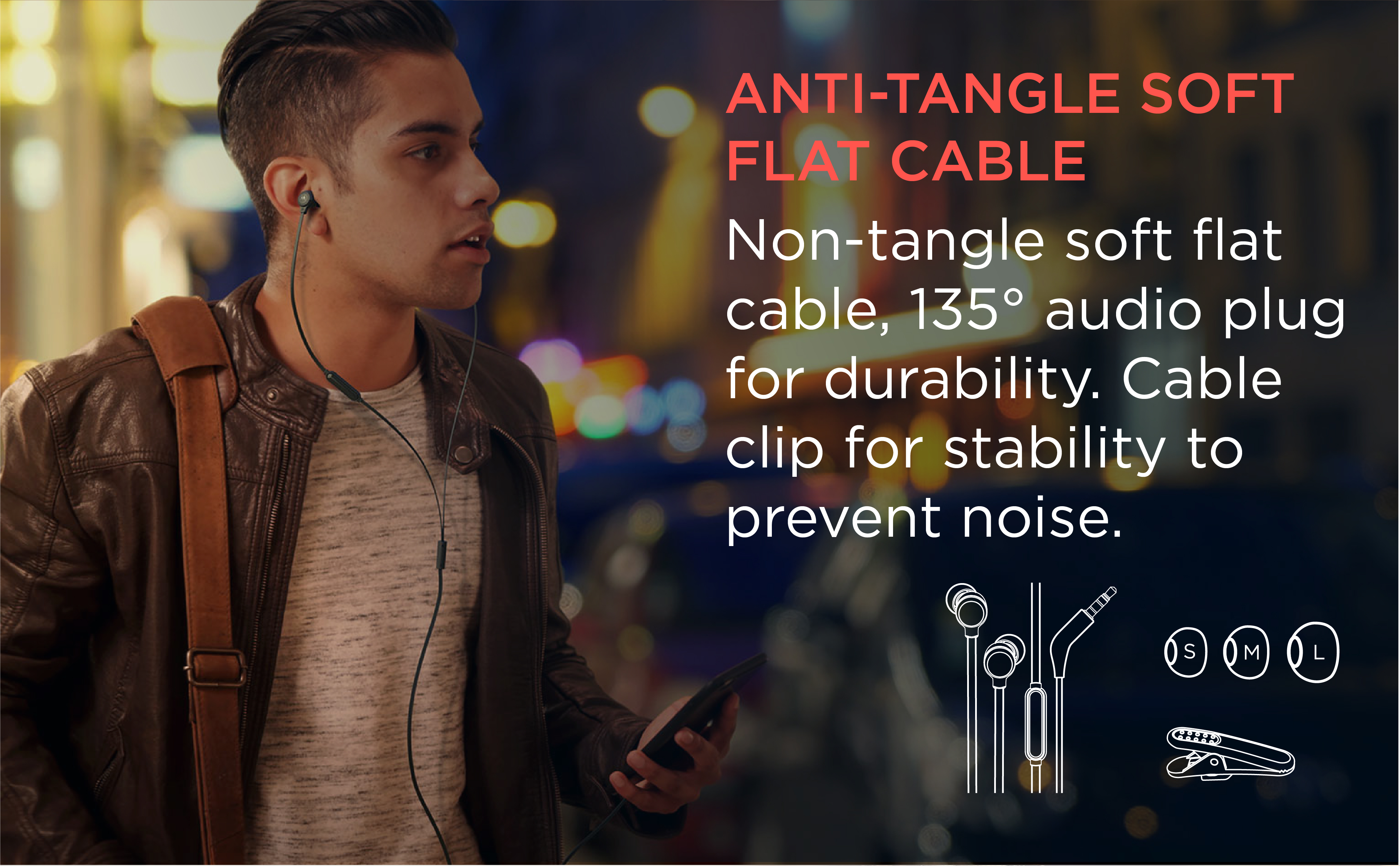 Ein Mann in einer Jacke hält ein Telefon. Text sagt Anti-Tangle-Flachkabel, mit Audio-Stecker.