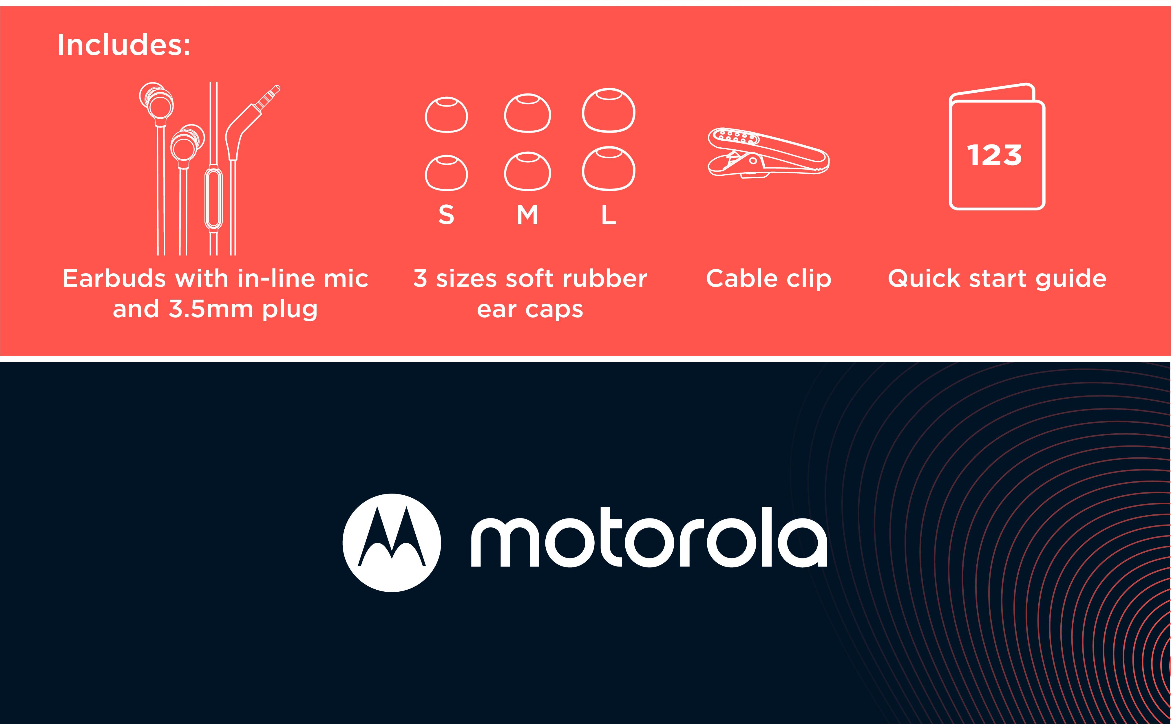 Diagramm der enthaltenen Ohrhörer, Ohrkappen, Kabelklemme und Kurzanleitung. Motorola-Logo unten.