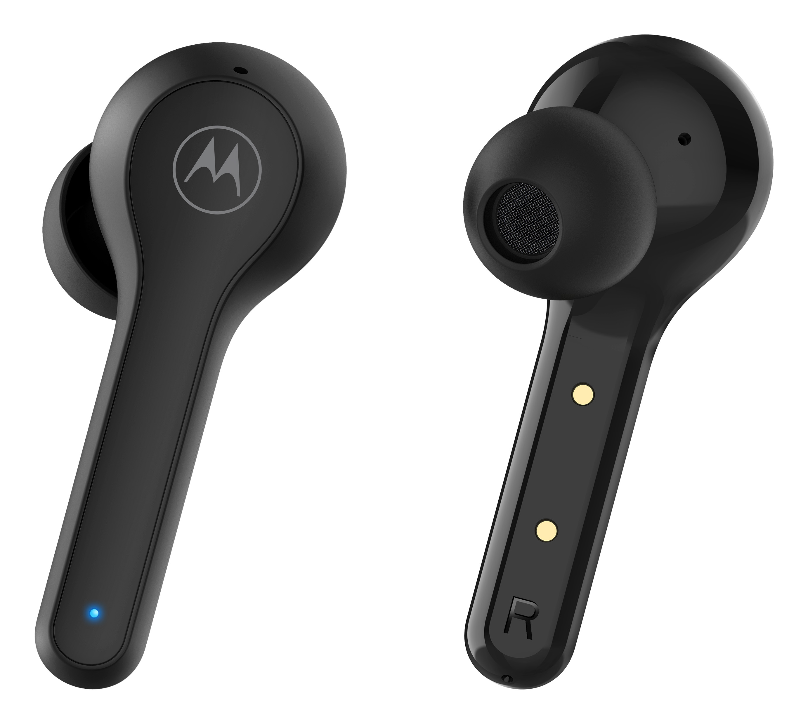 Twee zwarte oordopjes, elk met een Motorola-logo en een kleine lichtindicator.