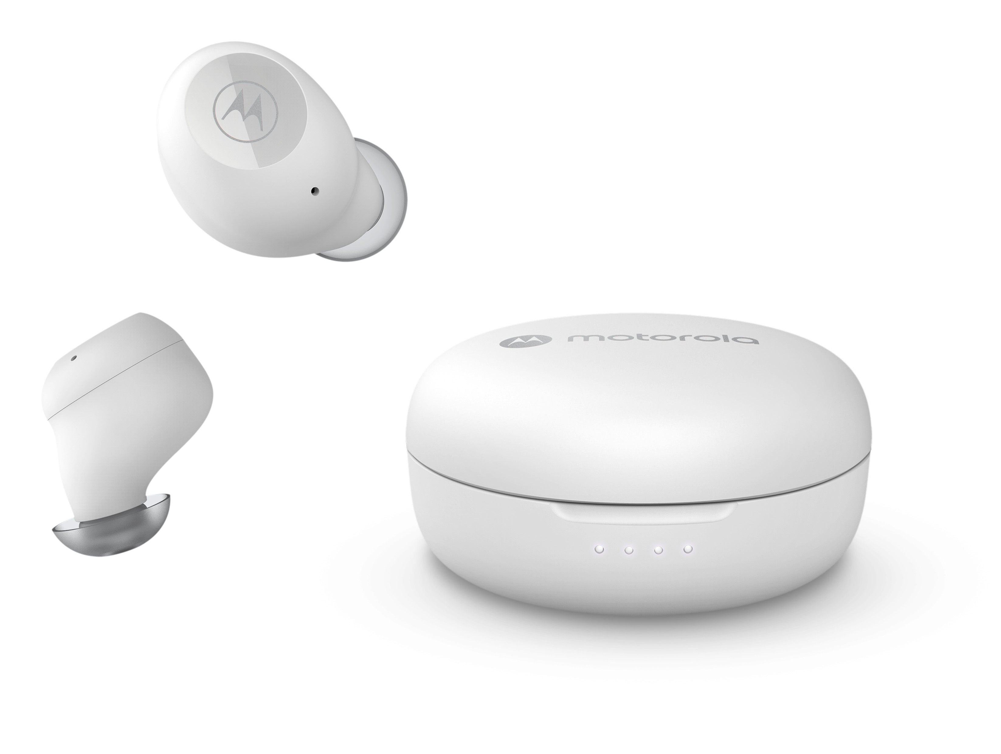 Auricolari Motorola bianchi e custodia di ricarica. Gli auricolari sono mostrati da più angolazioni. Sfondo bianco.