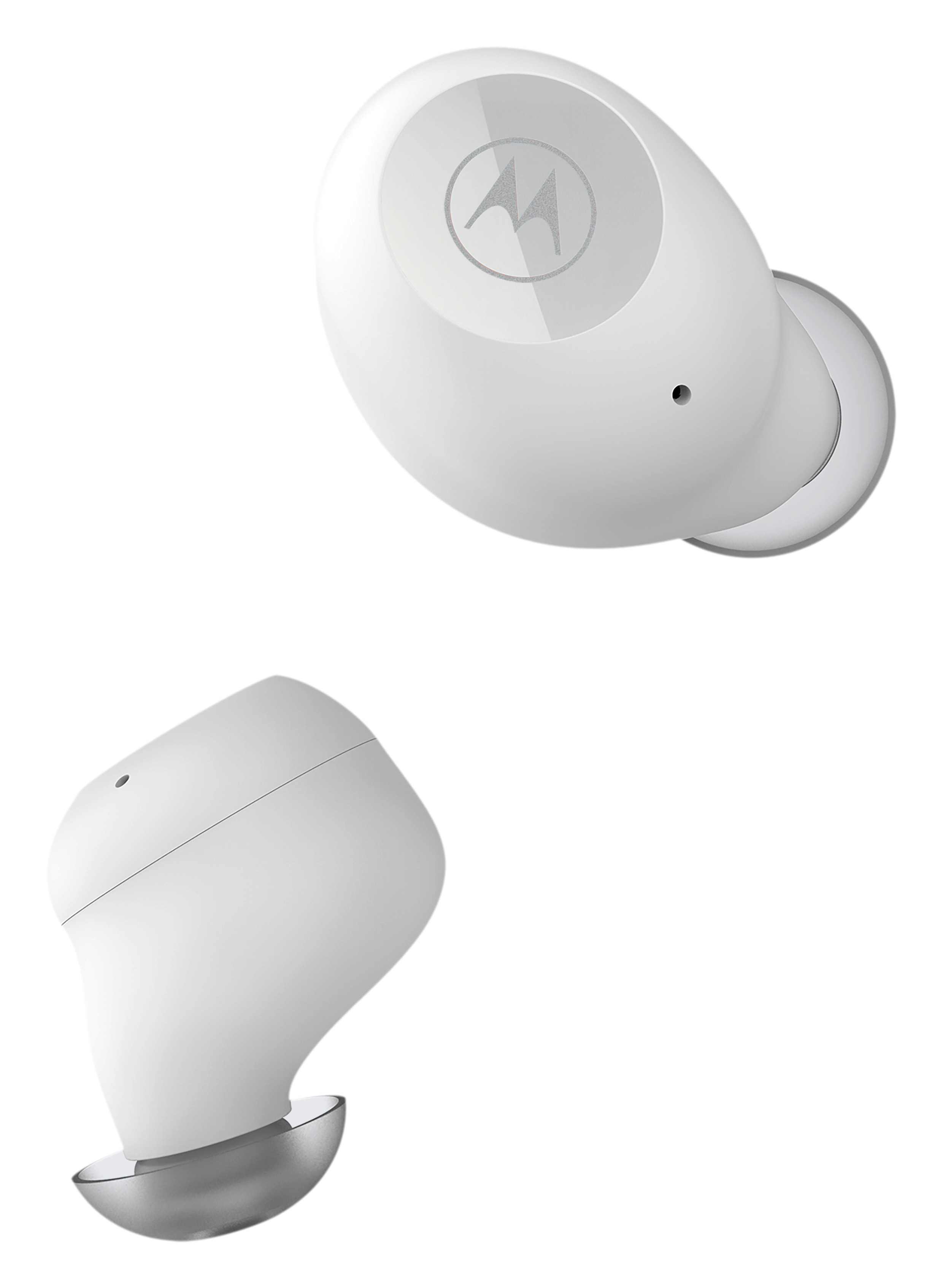 Due auricolari Motorola bianchi. Uno mostra il logo.