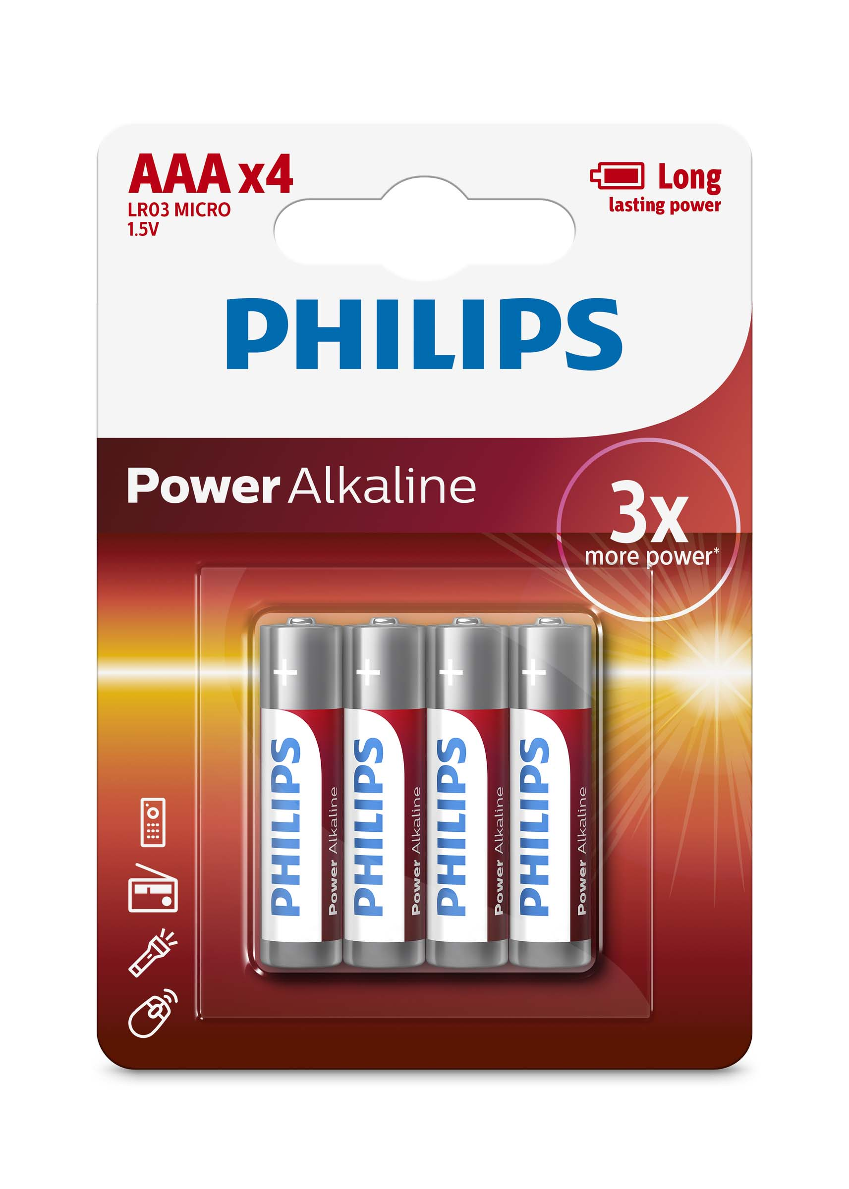 Opakowanie czterech baterii AAA Philips Power Alkaline, z marką produktu i wyróżnionymi cechami.