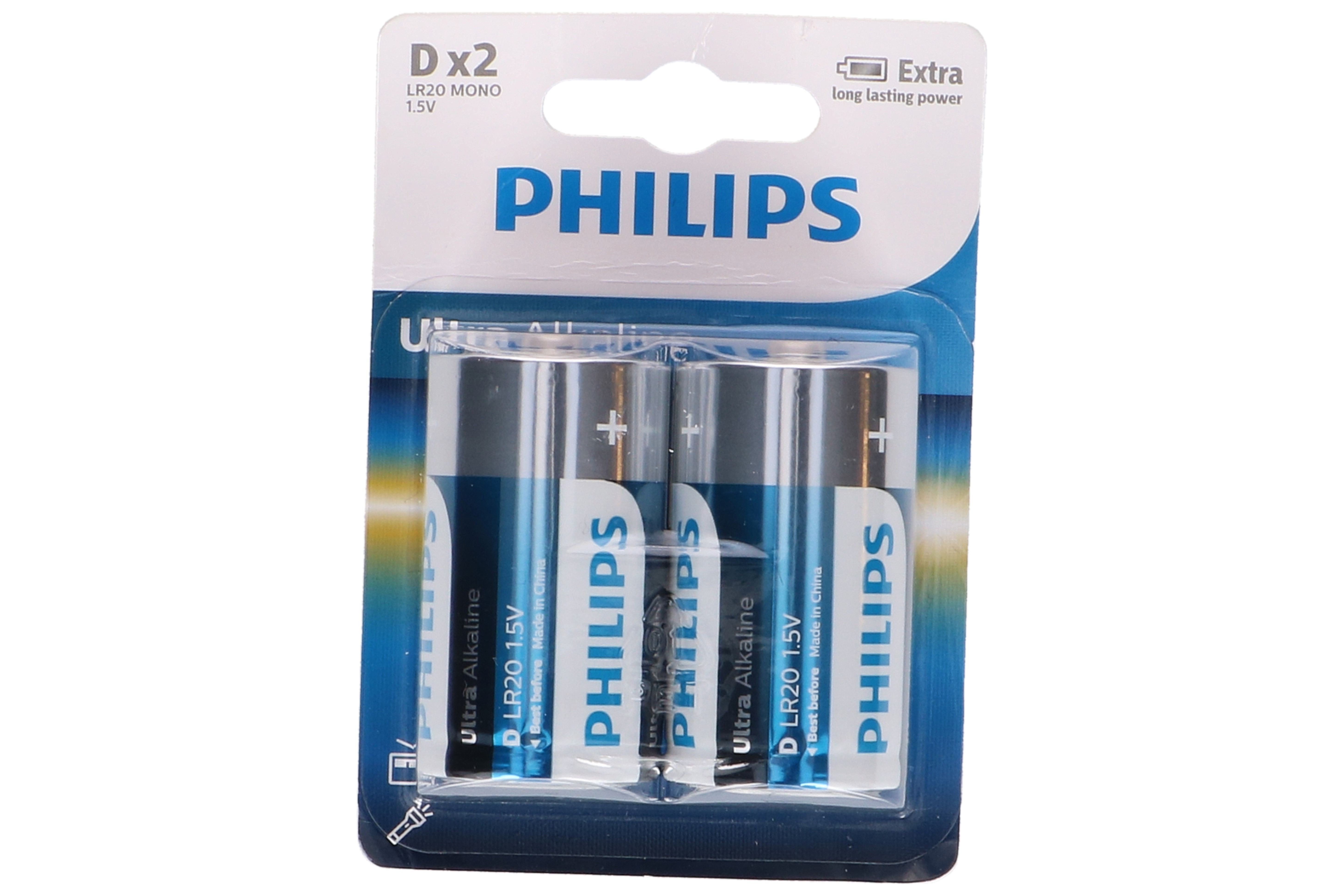 Quattro batterie AA in una confezione. Testo: Philips Ultra Alkaline.