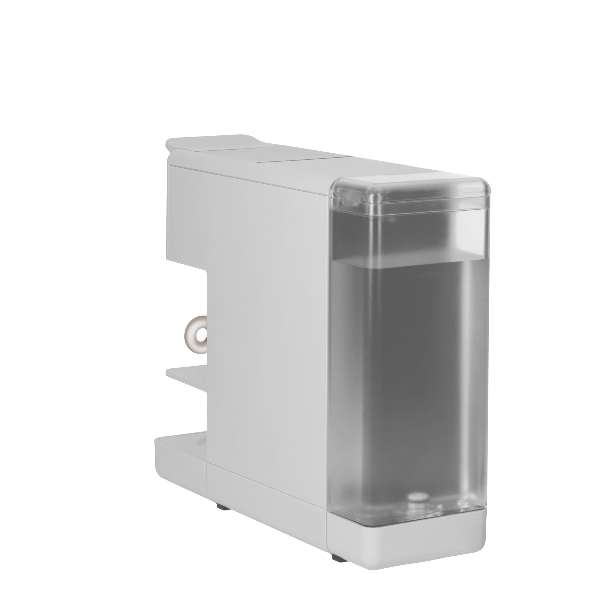 Biało-szary dozownik wody z przezroczystym zbiornikiem na wodę.