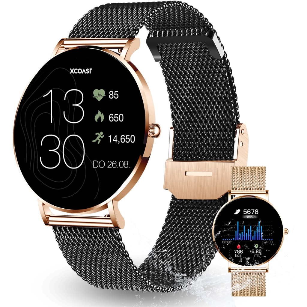 Eine roségoldene Smartwatch mit einem schwarzen Mesh-Armband, Daten auf dem Bildschirm und eine zweite Uhr.